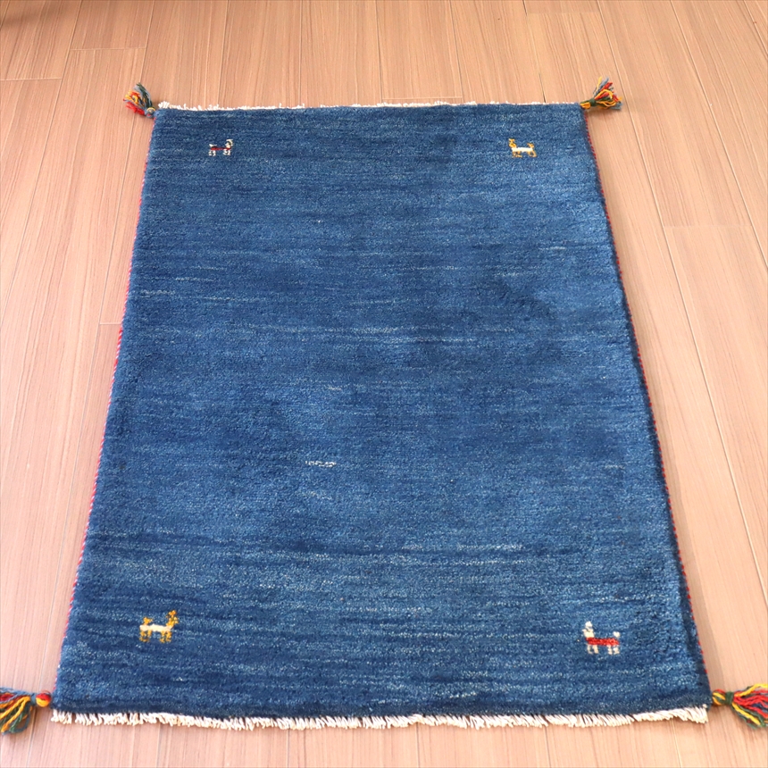 ギャッベ イランの手織りラグ126×79cm ブルー シンプルモチーフ