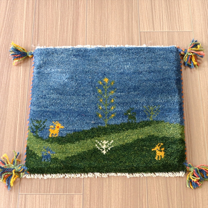 ギャッベ 遊牧民の手織りラグ38×40cm 生命の樹と動物 風景画