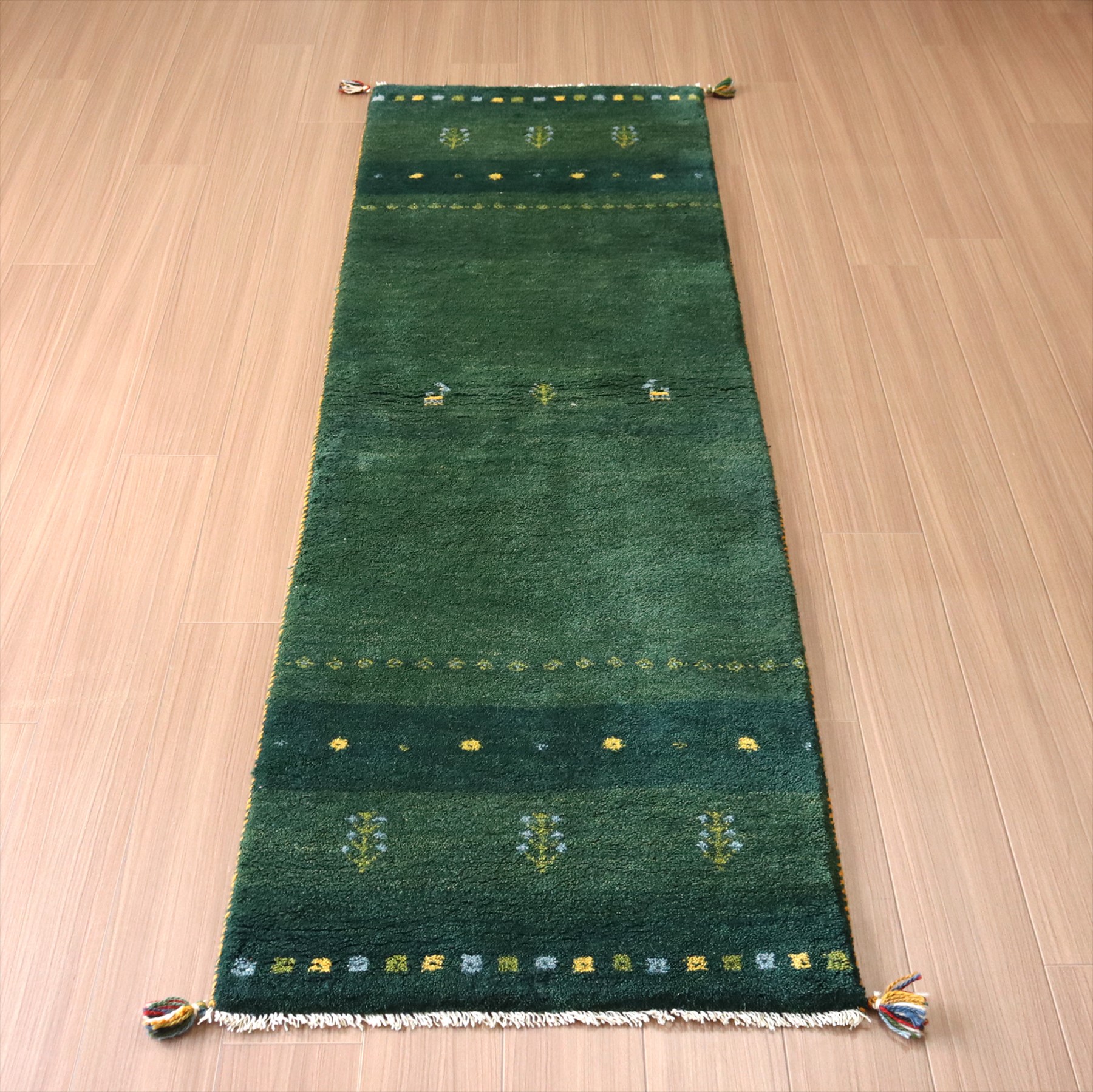 細長　ギャッベ　イラン産手織り243×73cm グリーン　生命の樹のモチーフ