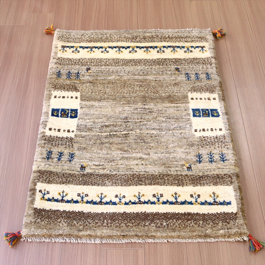 ギャベ ギャッベ イラン産手織り120×84cm グレー ベージュ 生命の樹のモチーフ