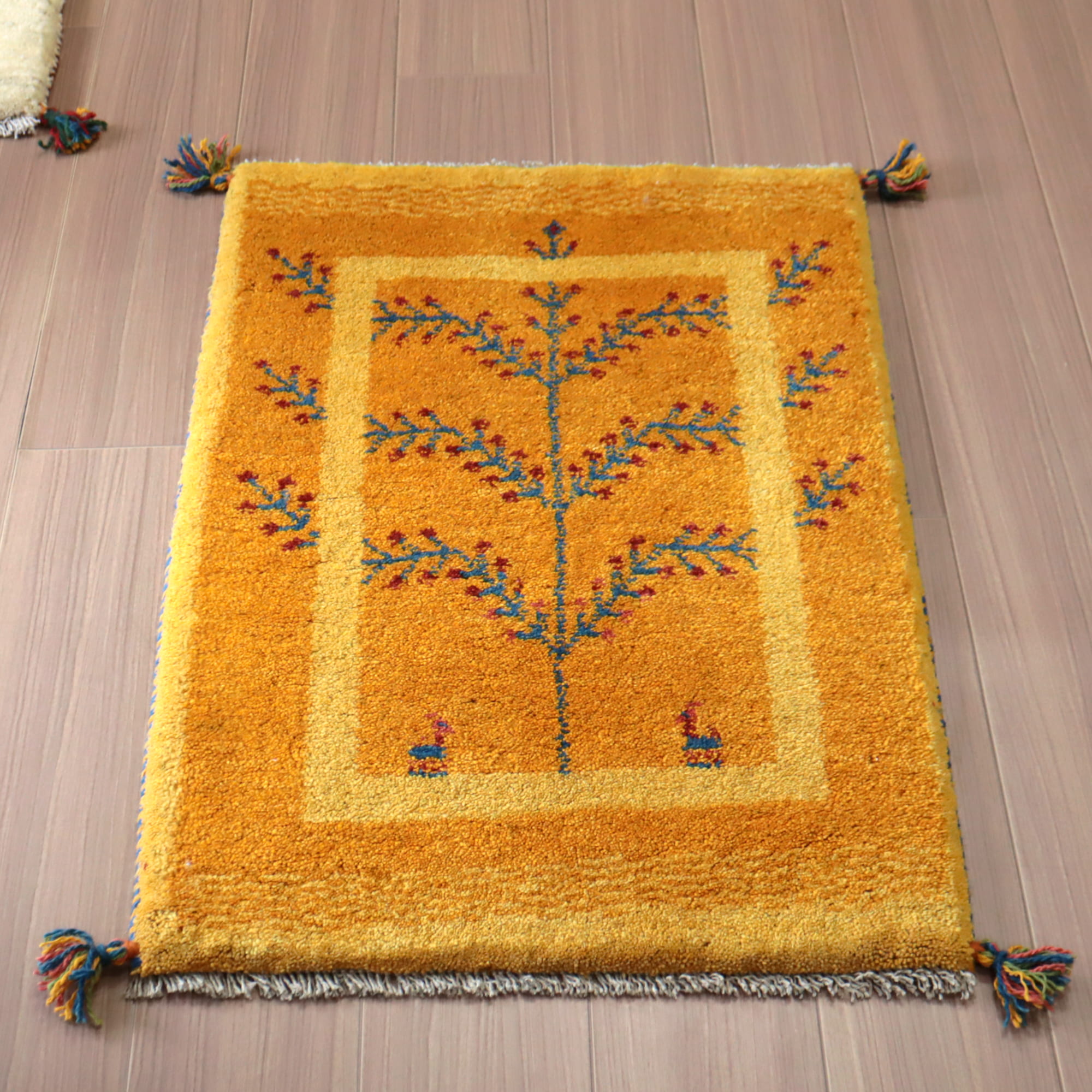 ギャッベ　イラン産手織り　87×60cm 玄関マット　イエロー　オレンジ