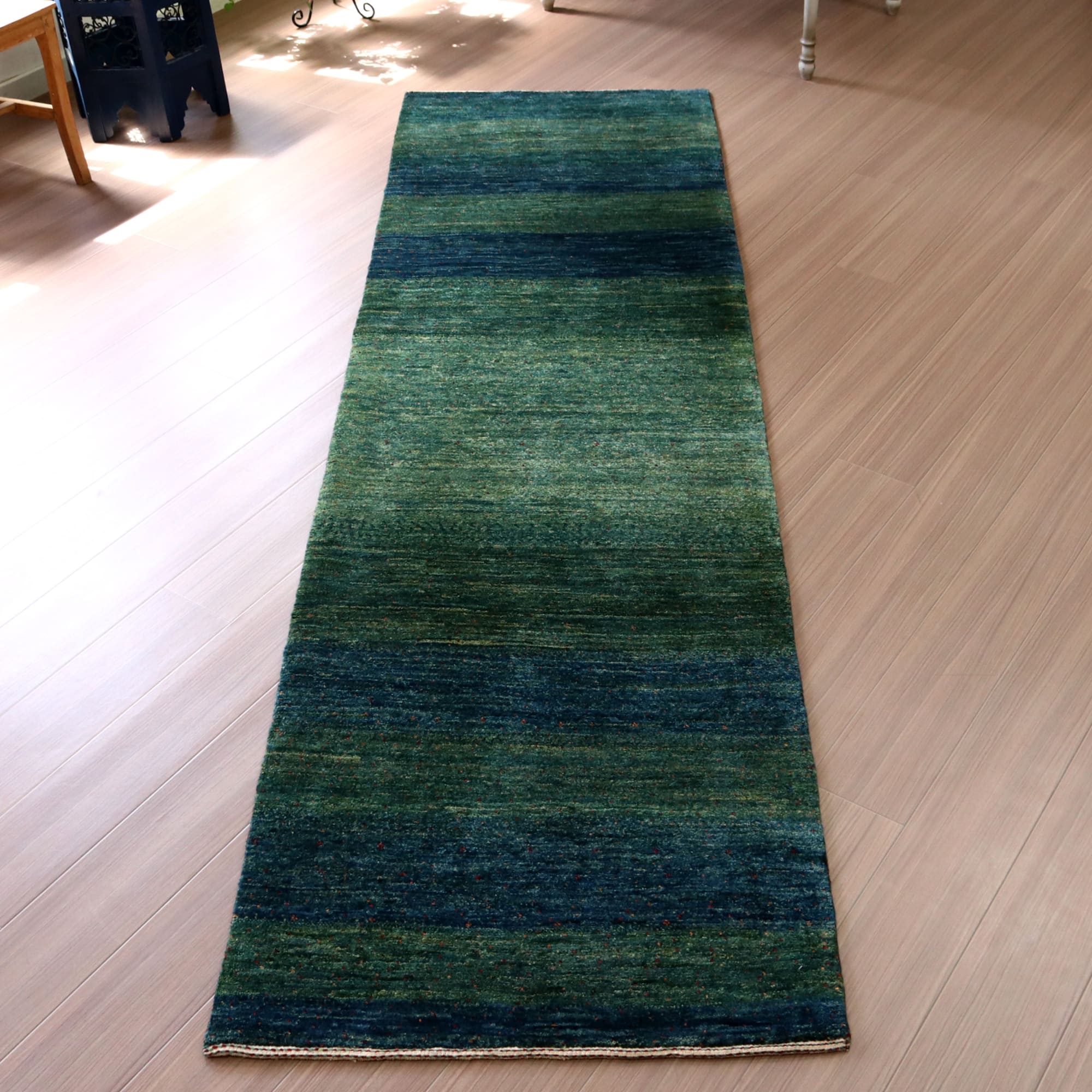 ギャッベ 最上級の細かな織り ロリアタシュ268×78cm ブルーグリーン　グラデーション