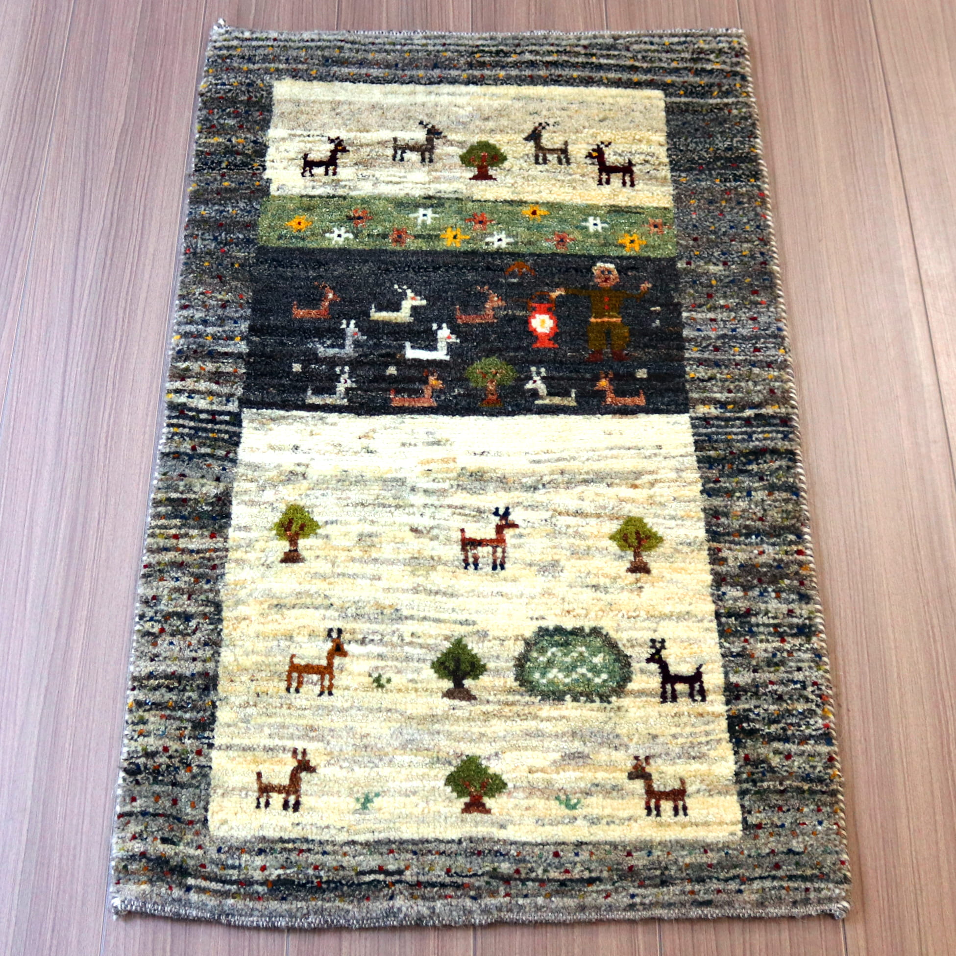 ギャッベ イランの手織りラグ103×60cm 遊牧民の風景画