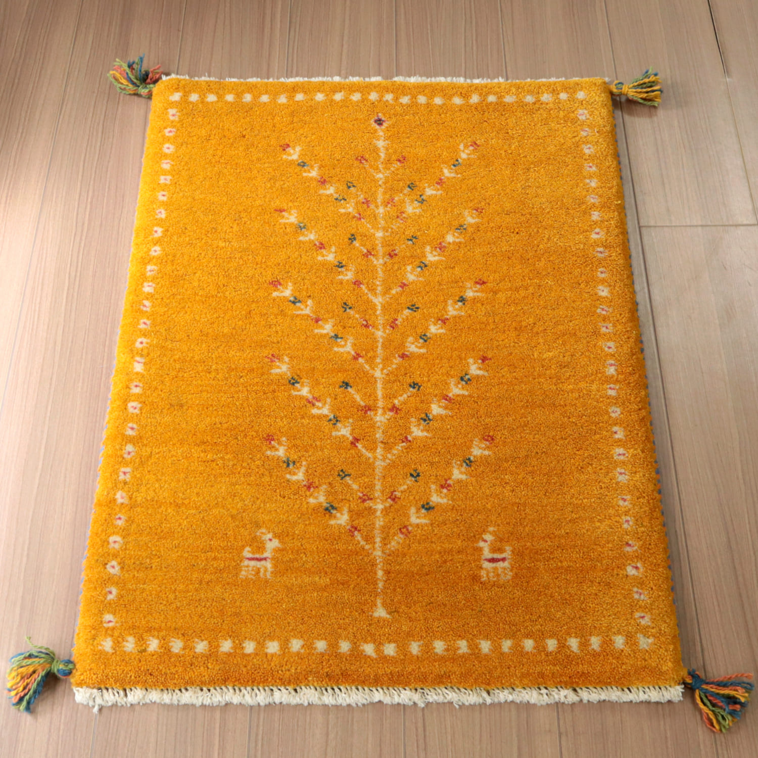 イラン産ギャッベ　手織り86×62cm イエロー　生命の木　玄関マットサイズ