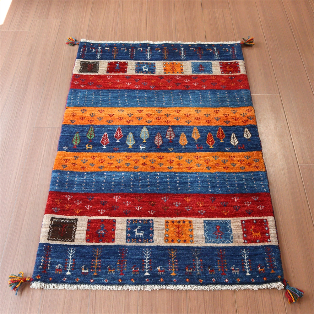 ギャッベ イラン産 手織り 127x80cm 鮮やかな色合いのボーダーデザイン