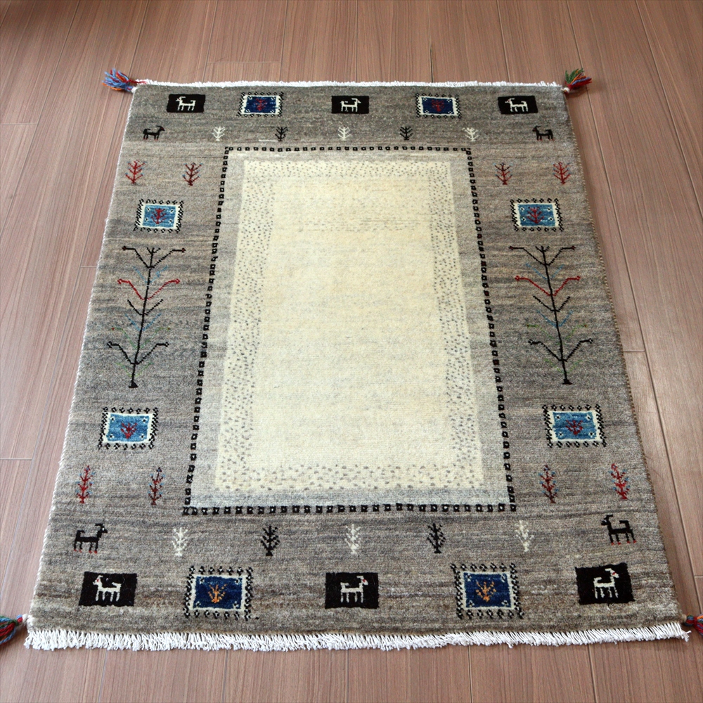 ギャッベ イラン産 手織り 120x83cm グレー&アイボリー