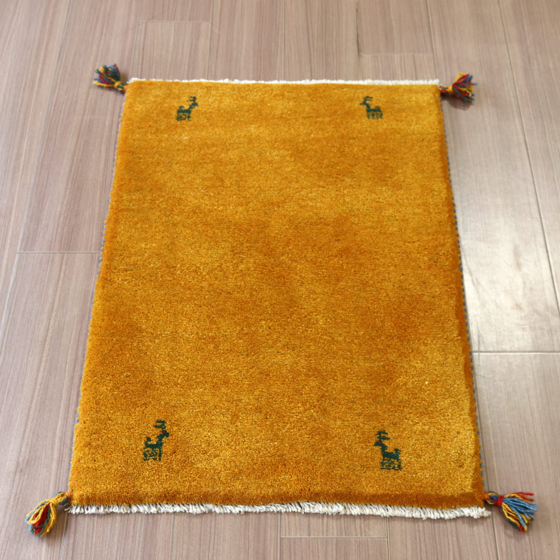 ギャッベ 手織り イラン産 88x62cm 玄関マット　オレンジ　無地　シンプル