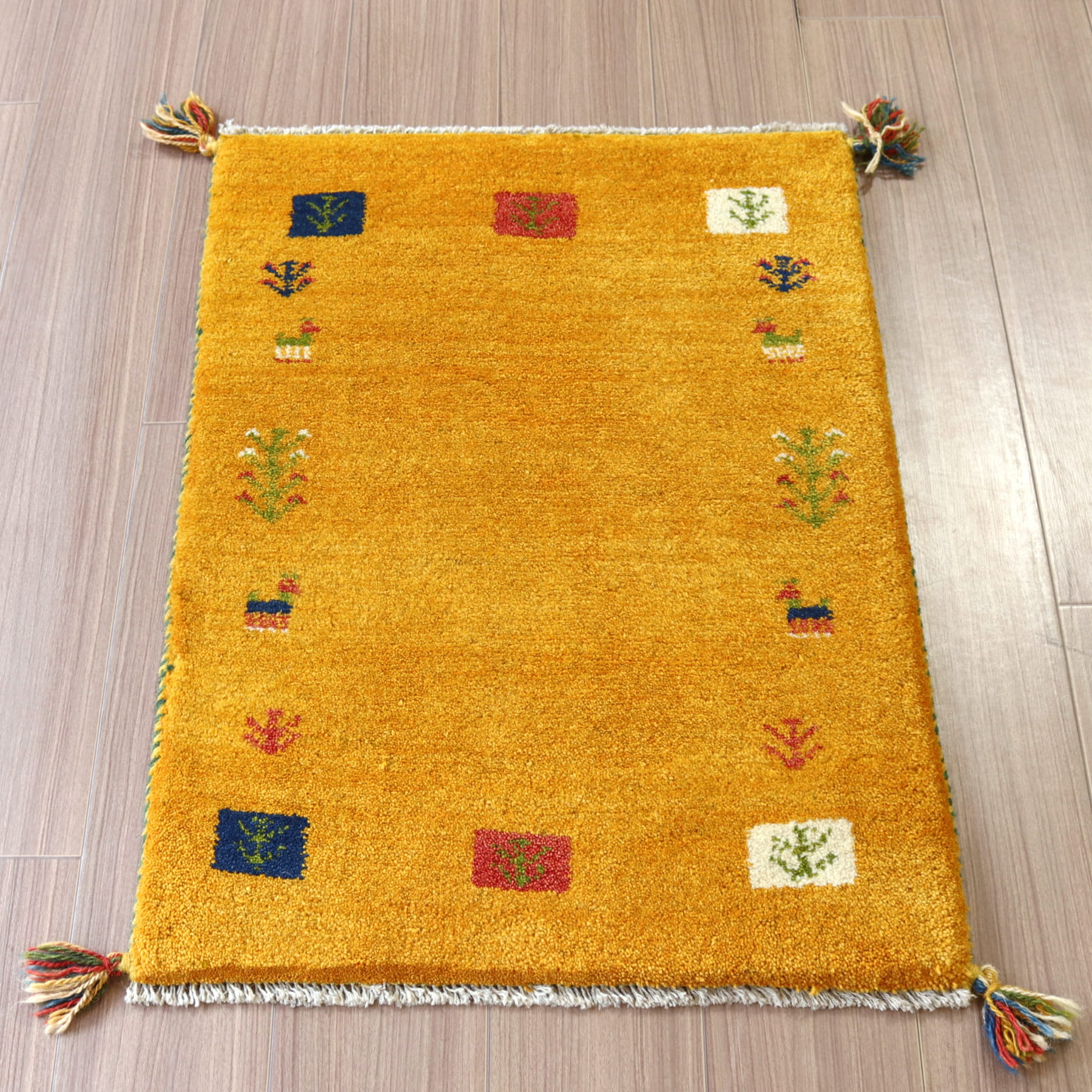ギャッベ 手織り イラン産 85x62cm 玄関マット　オレンジイエロー