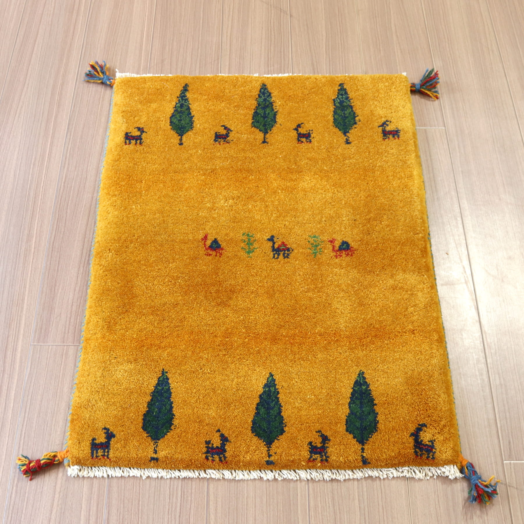 ギャッベ 手織り イラン産 86x62cm 玄関マット　イエローオレンジ　ラクダ