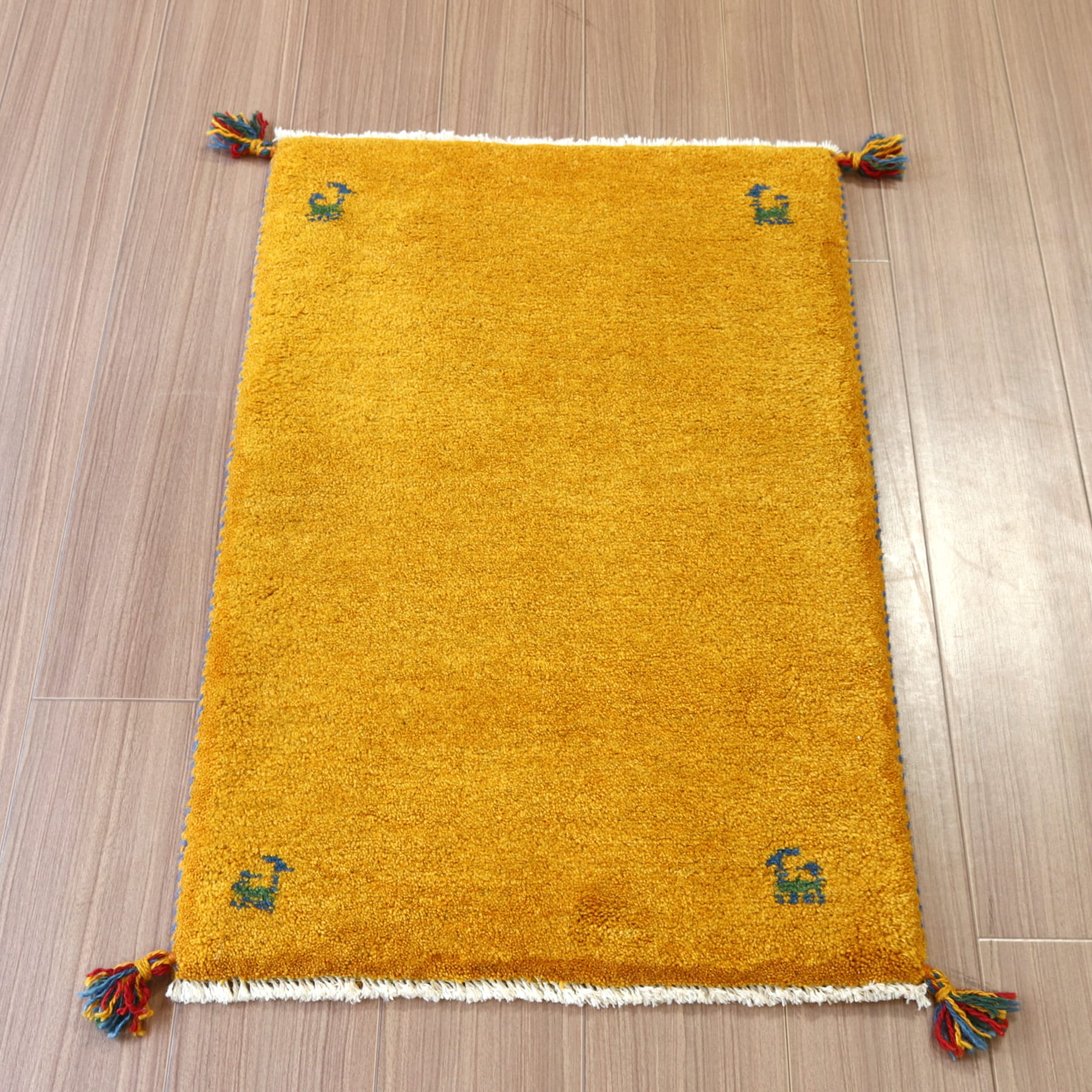 ギャッベ 手織り イラン産 90x58cm 玄関マット　オレンジ　無地　シンプル