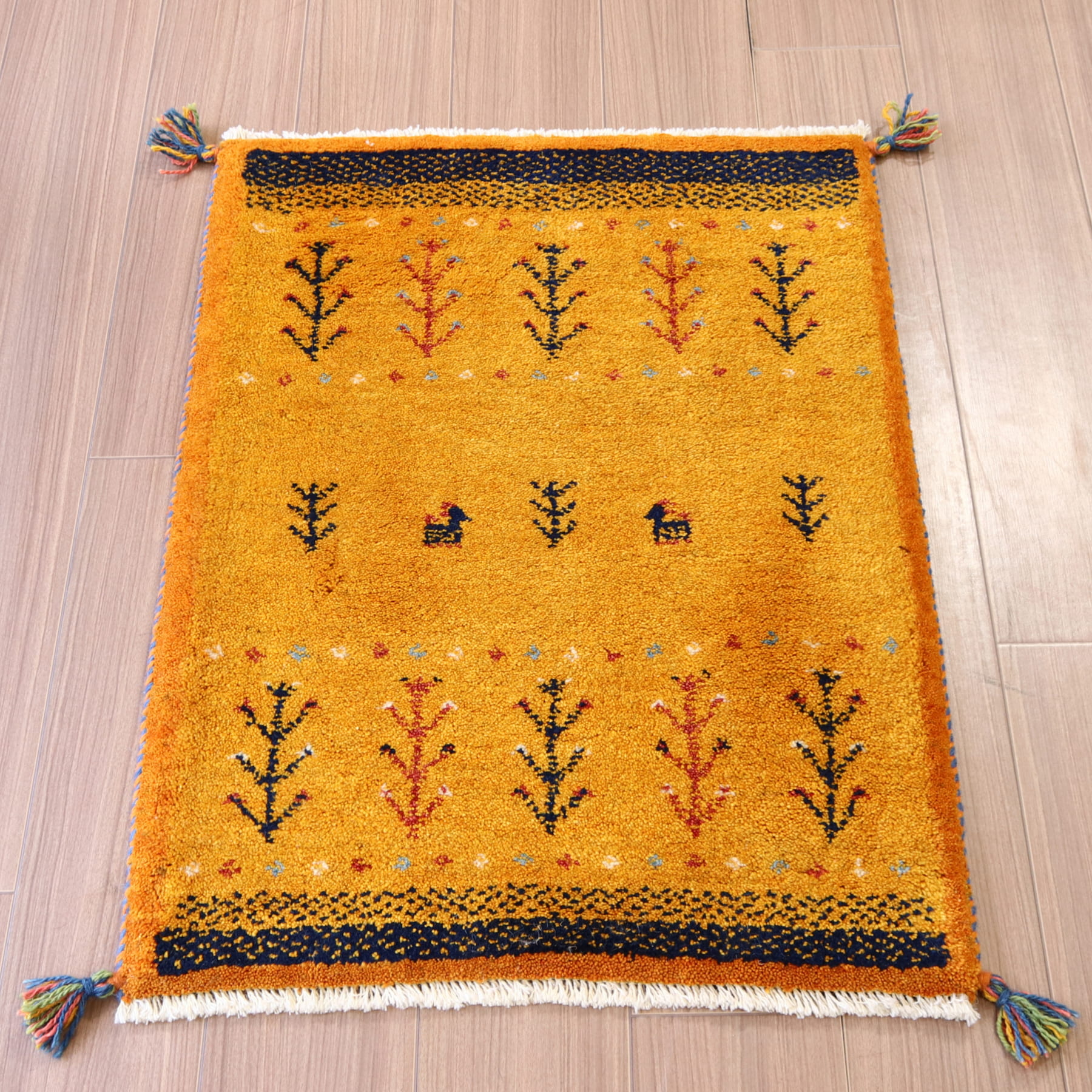 ギャッベ 手織り イラン産 88x64cm オレンジ　生命の木　玄関マット