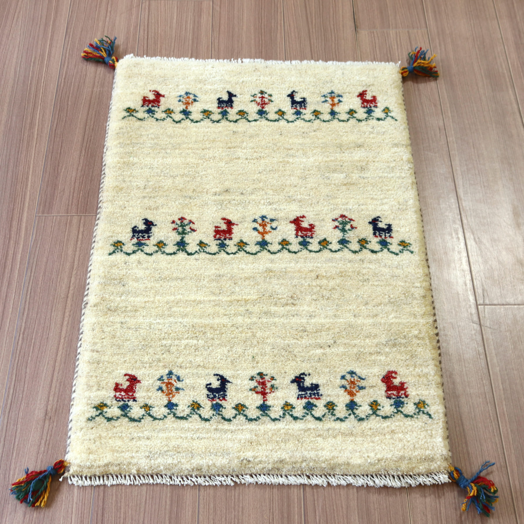 ギャッベ イラン産手織り 90x58cm 玄関マット　ナチュラルアイボリー