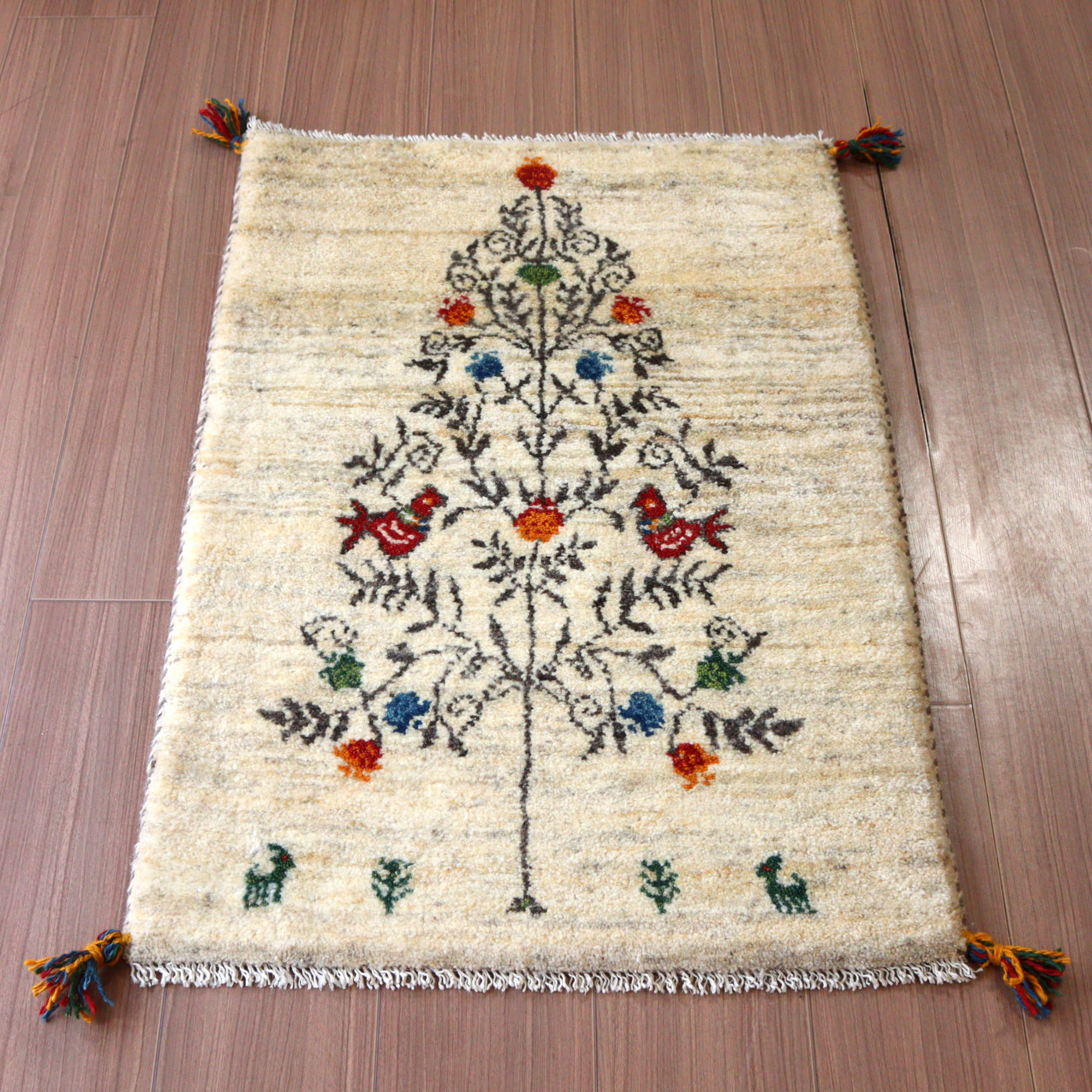 ギャッベ 手織り イラン産 93x62cm ナチュラル 鳥と植物