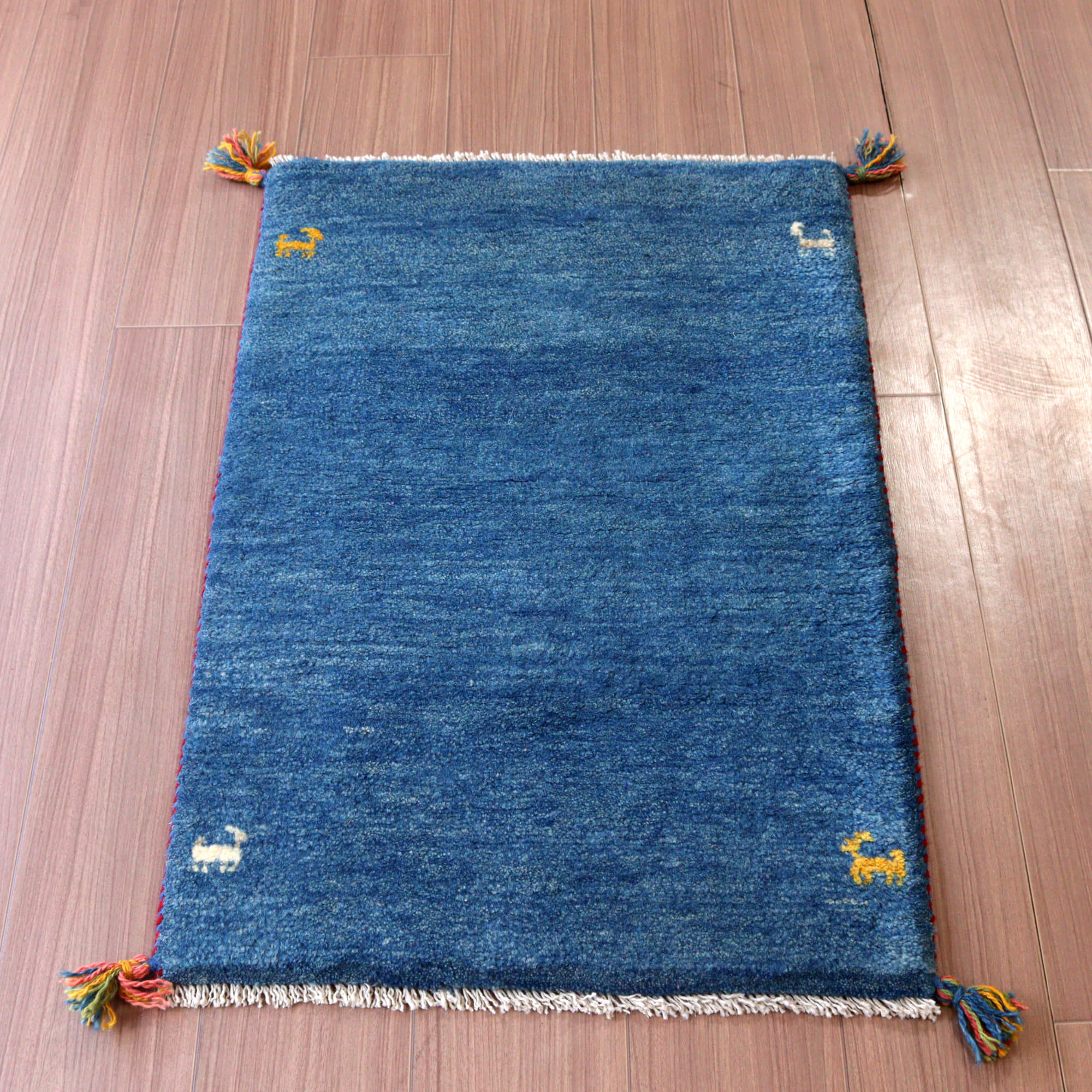 ギャッベ 手織り イラン産 88x58cm ブルー シンプルモチーフ