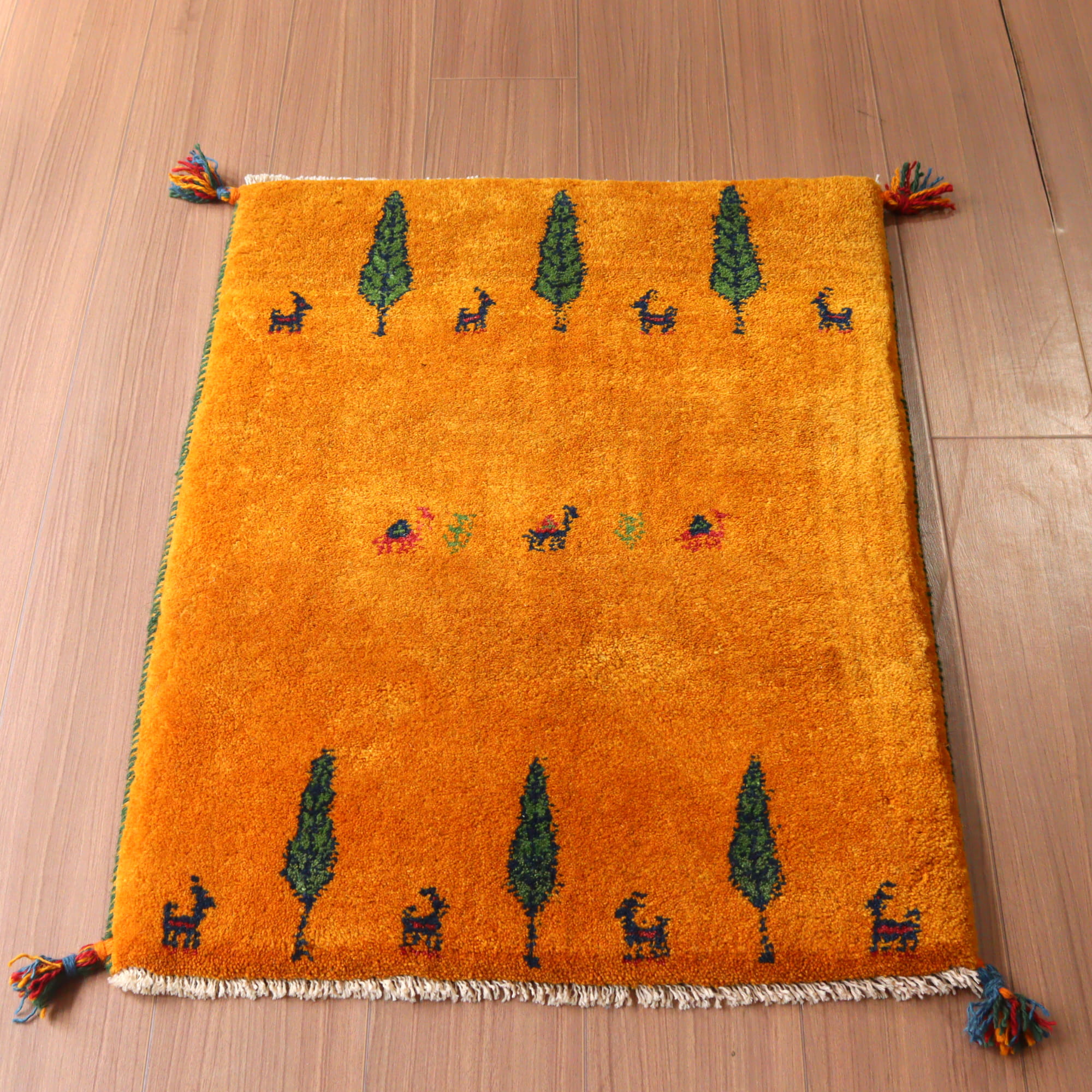 ギャッベ 手織り イラン産 85x63cm 玄関マット オレンジ