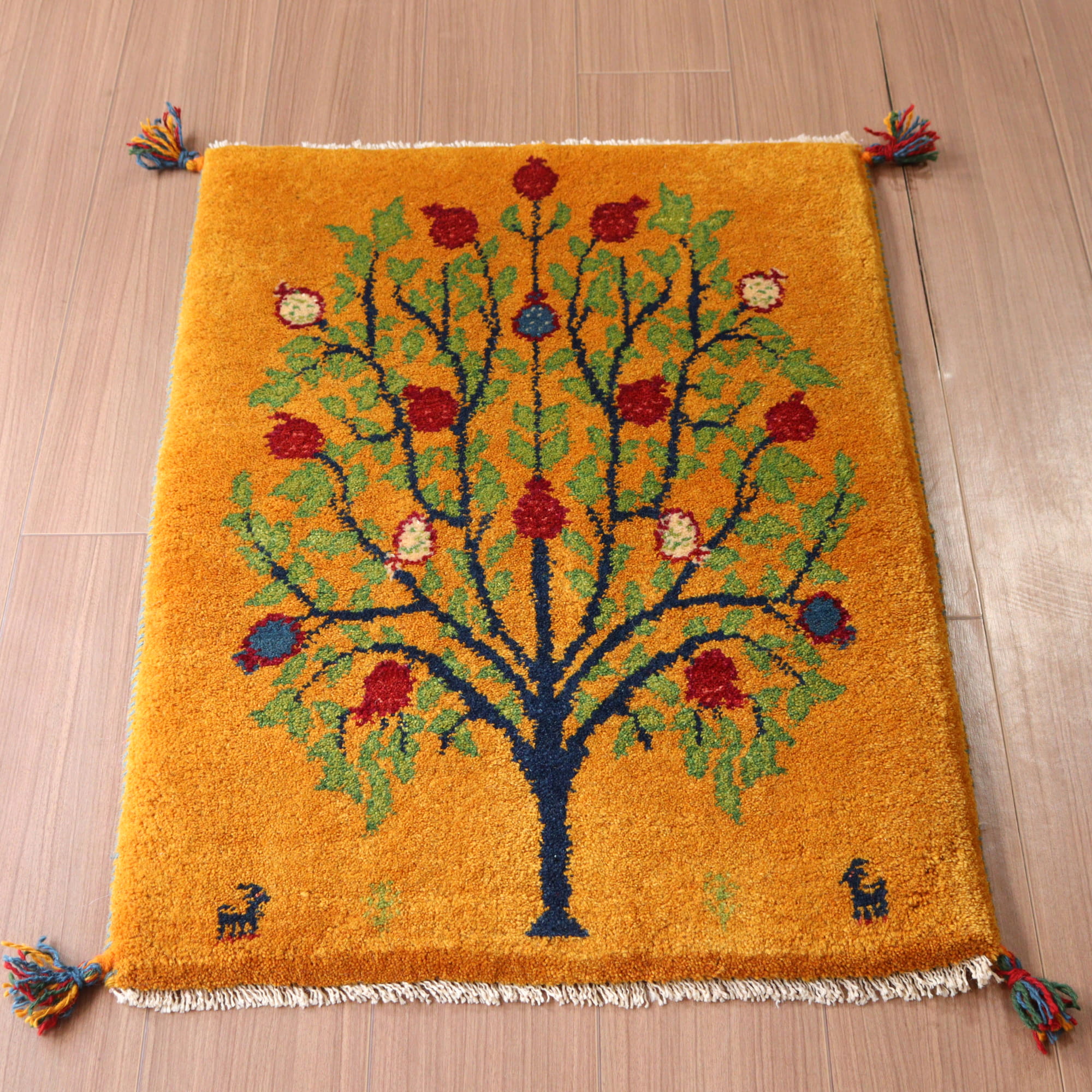 ギャッベ 手織り イラン産 90x62cm 玄関マット ザクロの樹 イエロー