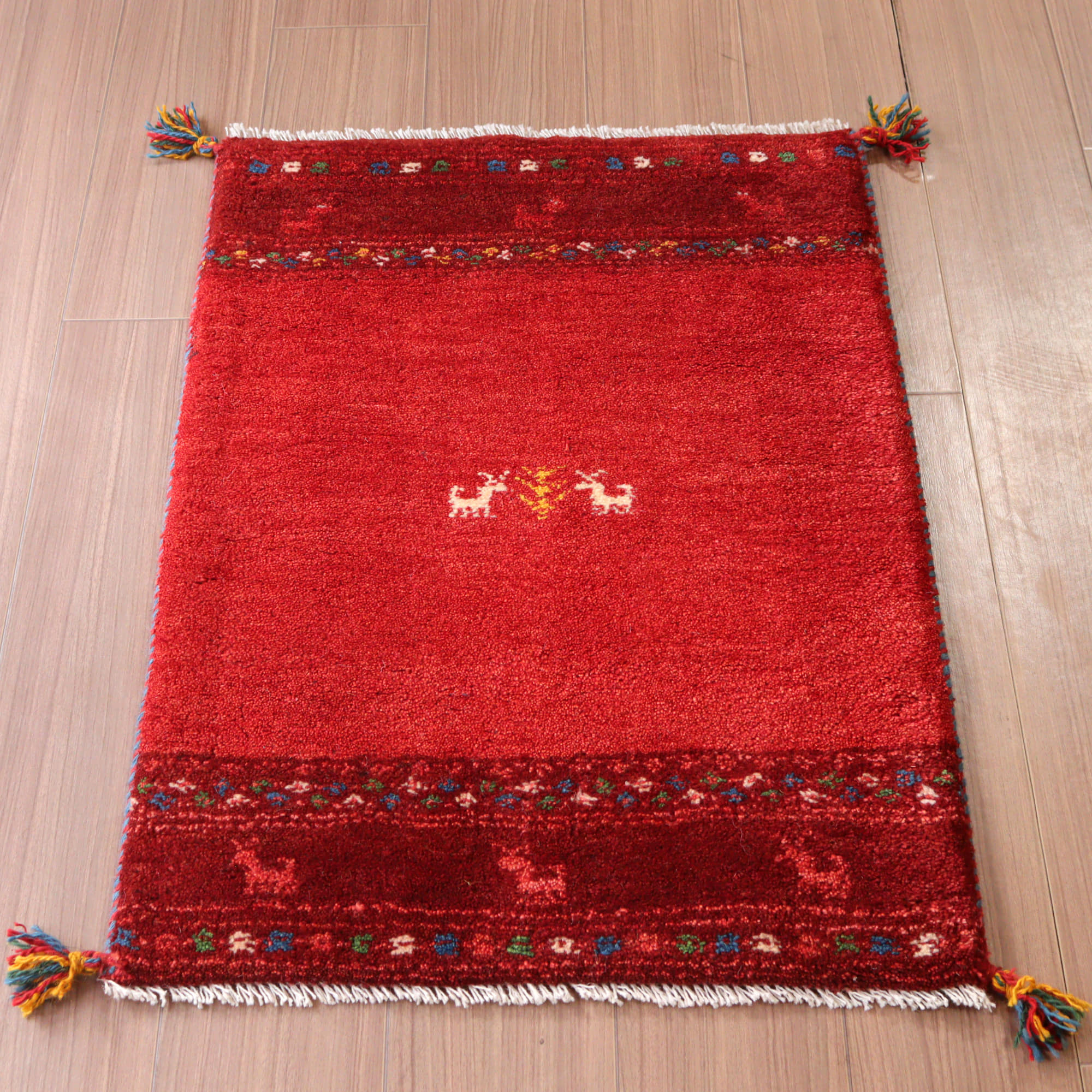 ギャッベ 手織り イラン産 88x61cm レッド 羊と幾何学モチーフ