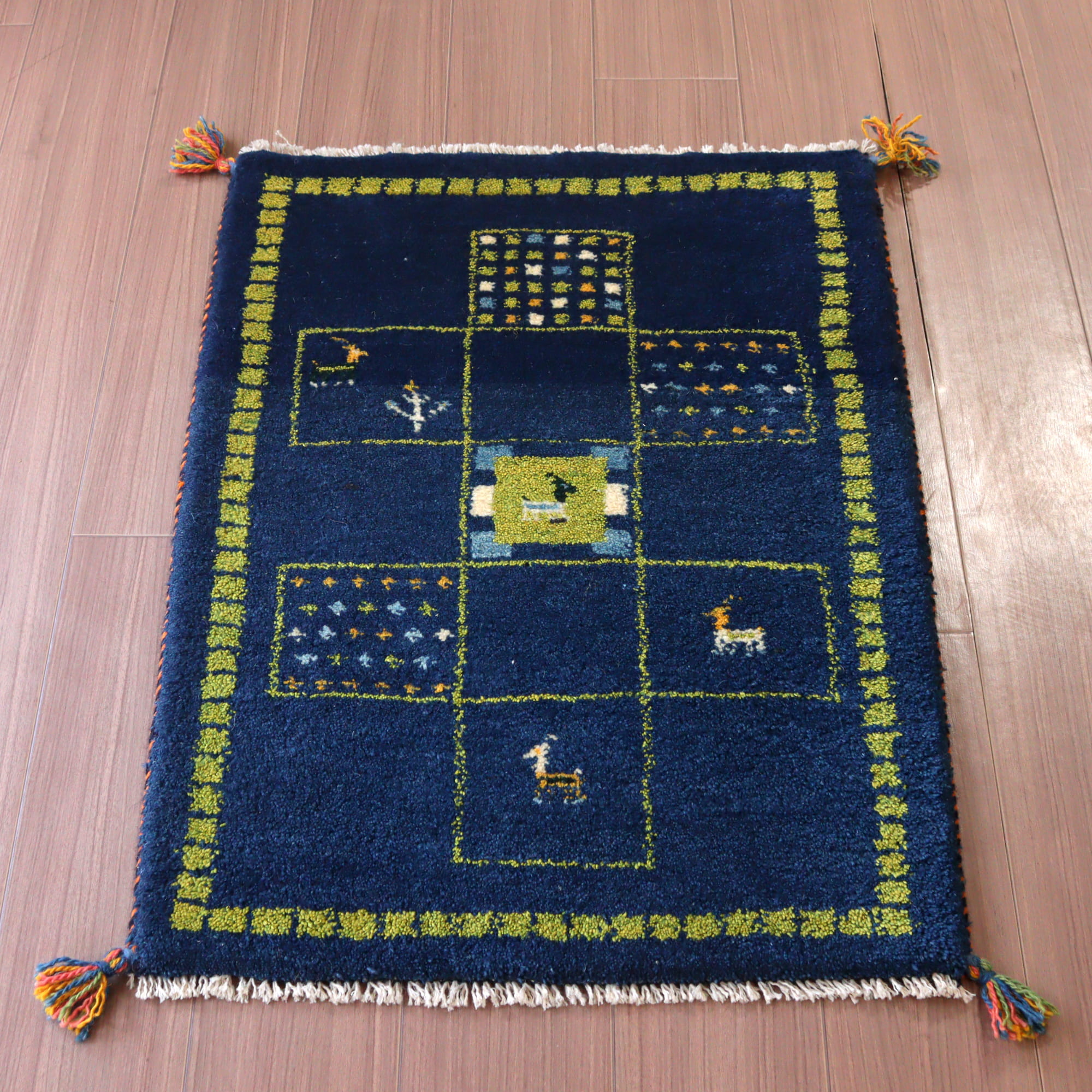 ギャッベ 手織り イラン産 90x62cm ブルー&グリーン