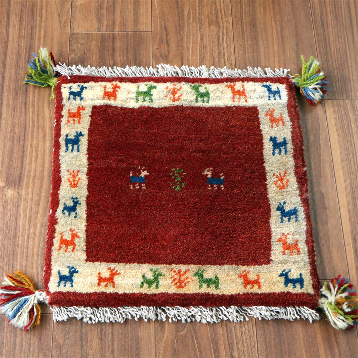 ギャッベ イラン産手織り 座布団サイズ42×41cm レッド＆ナチュラルアイボリー 動物モチーフ