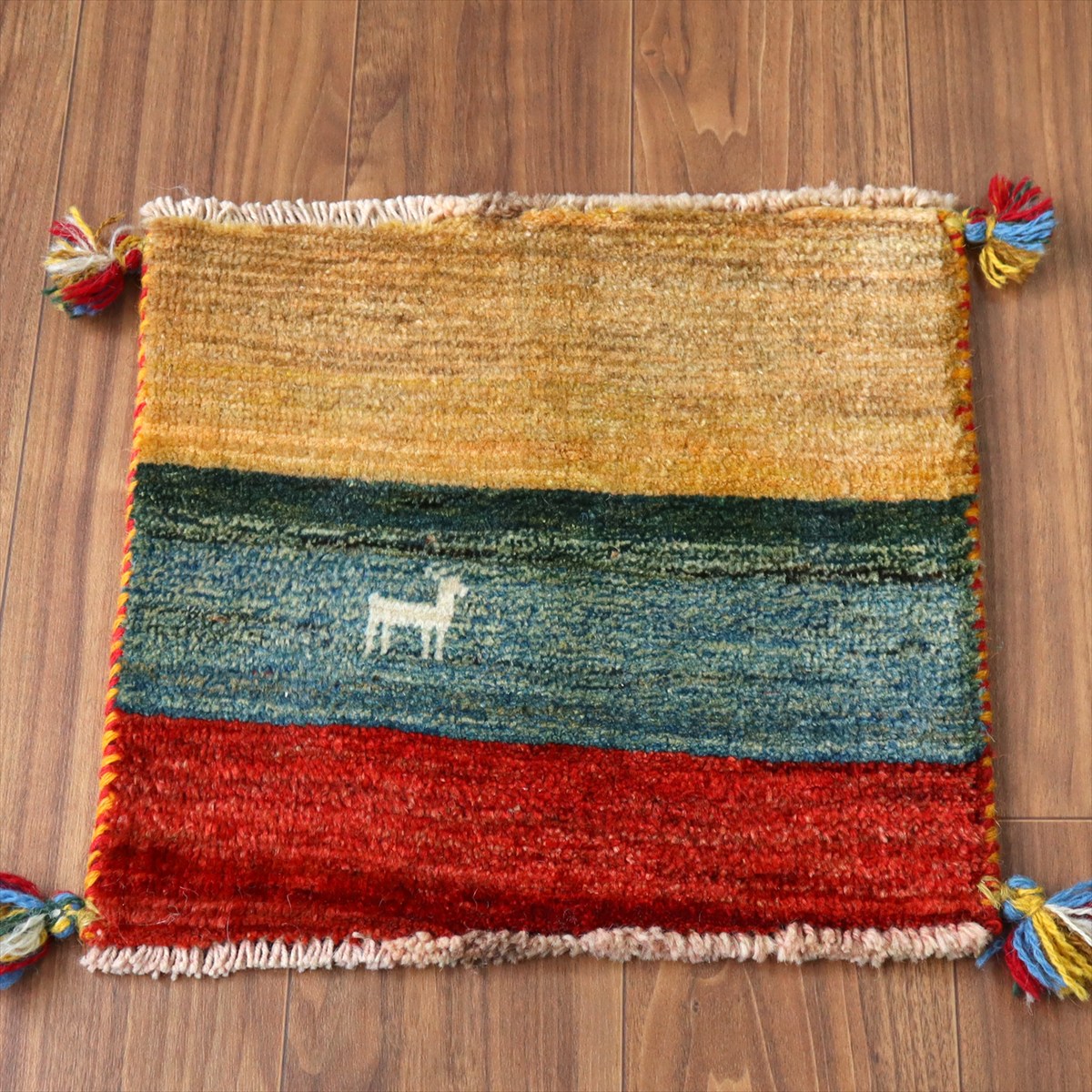 ギャッベ イラン産手織り 座布団サイズ40×42cm カラフルボーダー 動物モチーフ