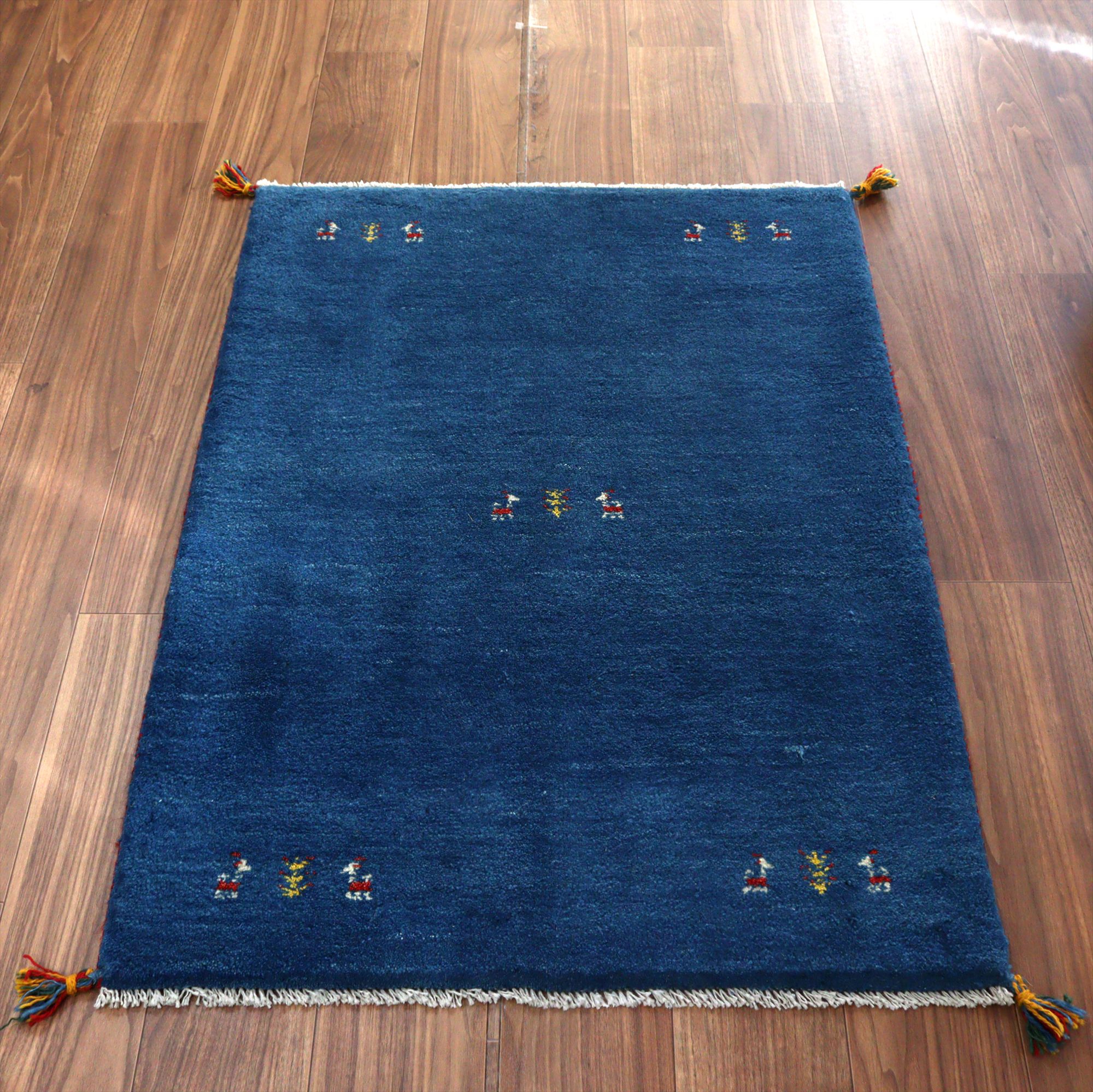 ギャッベ イランの手織りラグ 114x82cm ブルー シンプルデザイン