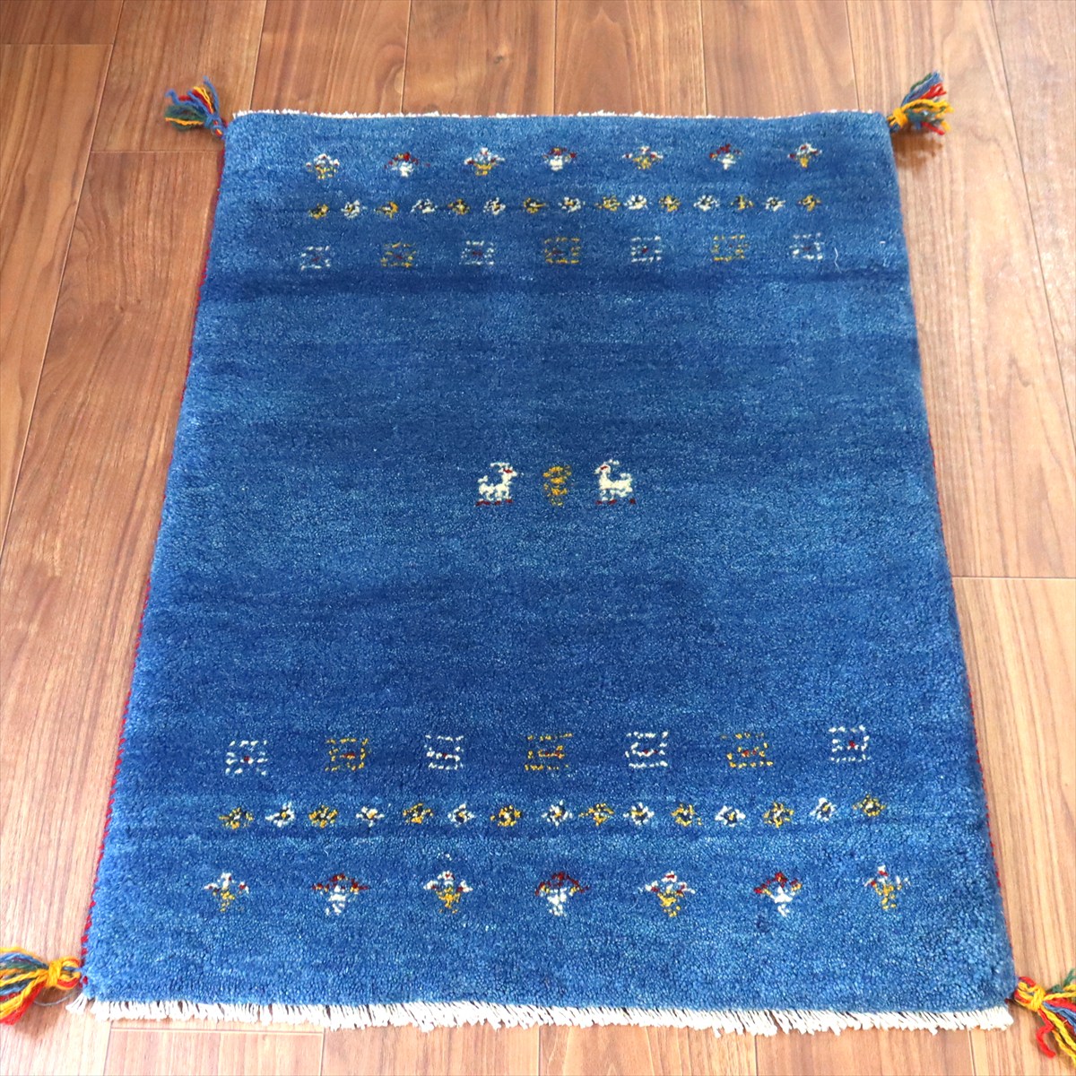 【15%OFF】ギャッベ イラン産手織り 86×67cm 玄関マット ブルー カラフルな生命の樹と動物