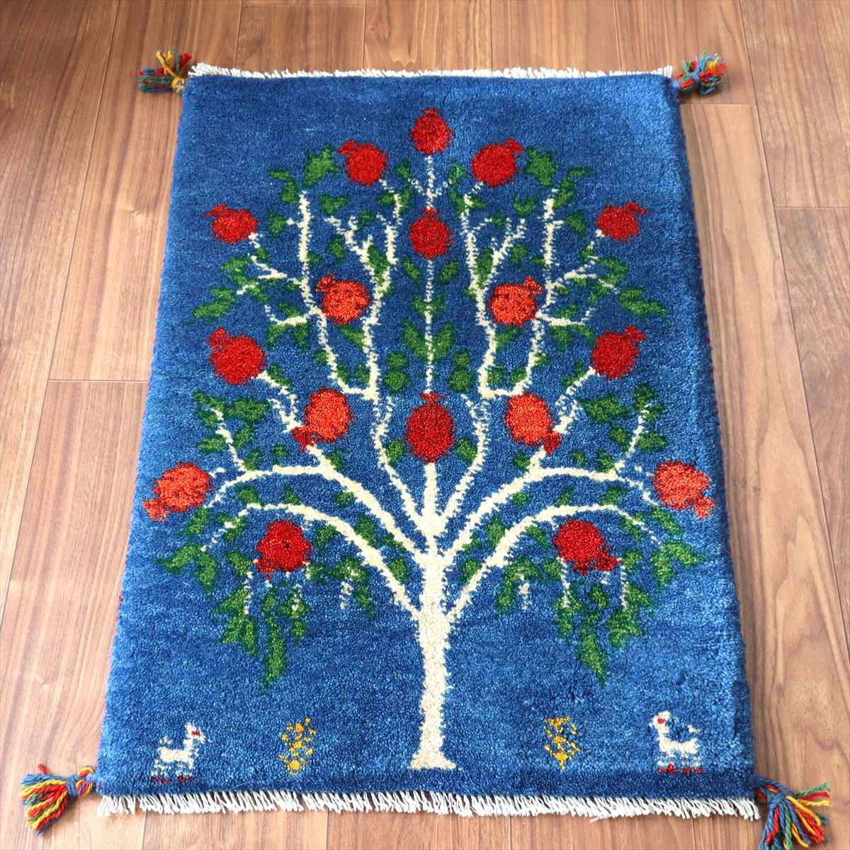 【15%OFF】ギャッベ イラン産手織り 83×56cm 玄関マット ブルー 生命の樹にザクロ