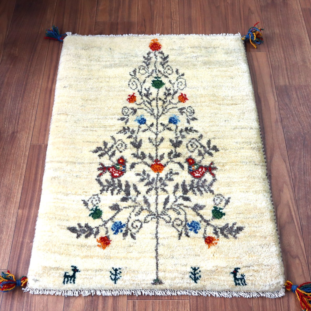【15%OFF】ギャッベ イラン産手織り 91×65cm 玄関マット ナチュラルアイボリー 生命の樹と鳥とザクロ