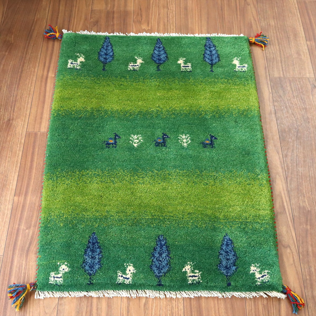 【15%OFF】ギャッベ イラン産手織り 89×65cm 玄関マット グリーン 糸杉と動物