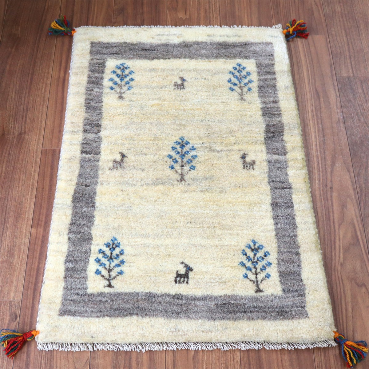 【15%OFF】ギャッベ イラン産手織り 89×60cm 玄関マット ナチュラルアイボリー 生命の樹と動物