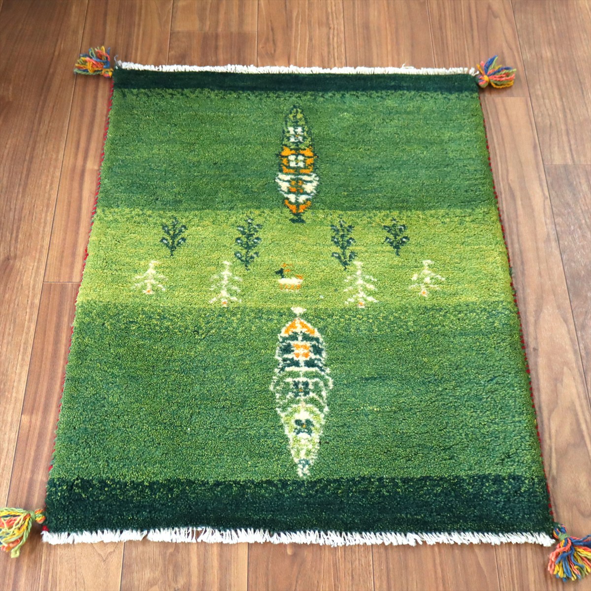 【15%OFF】ギャッベ イラン産手織り 82×64cm 玄関マット グリーン 糸杉と生命の樹
