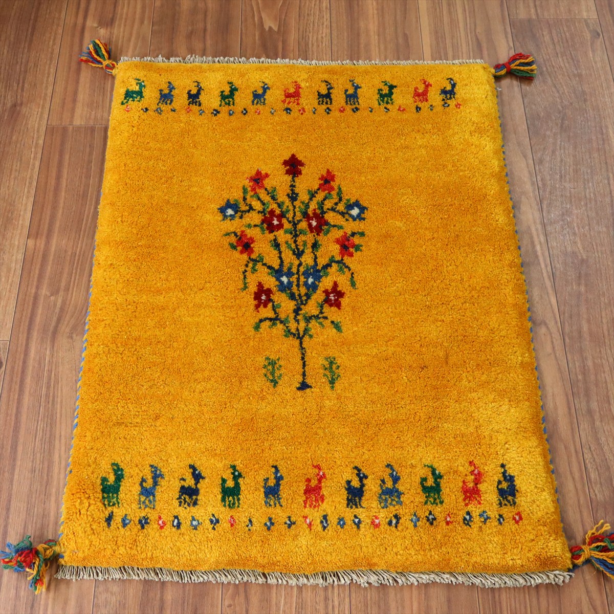 【15%OFF】ギャッベ イラン産手織り 82×62cm 玄関マット イエロー 生命の樹と動物モチーフ