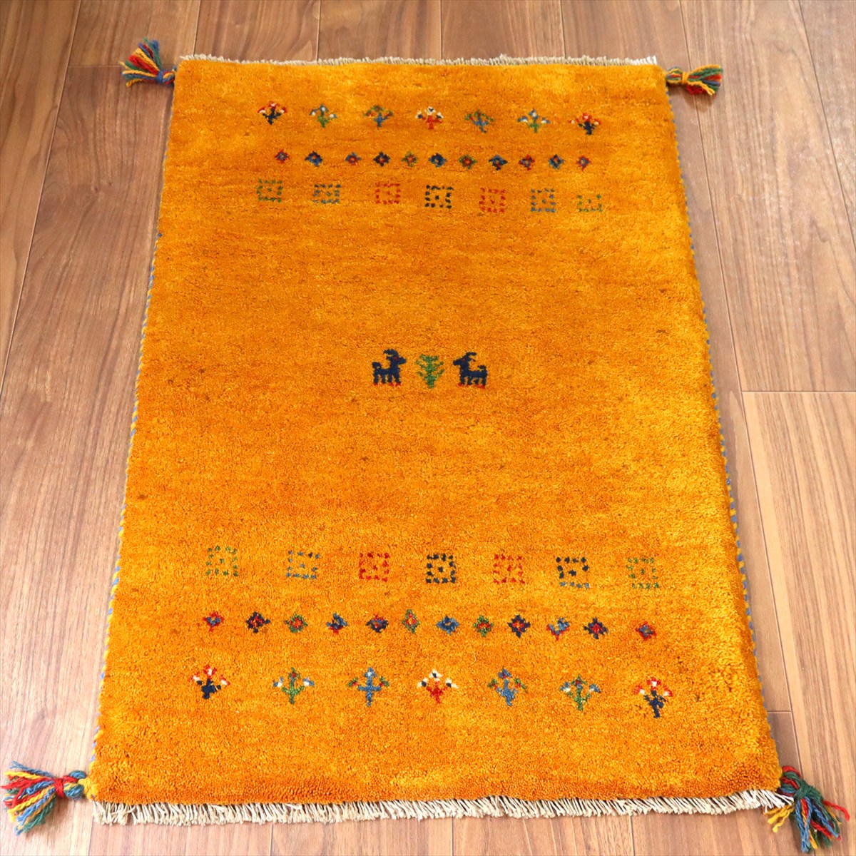 【15%OFF】ギャッベ イラン産手織り 89×60cm 玄関マット オレンジ 動物と生命の樹