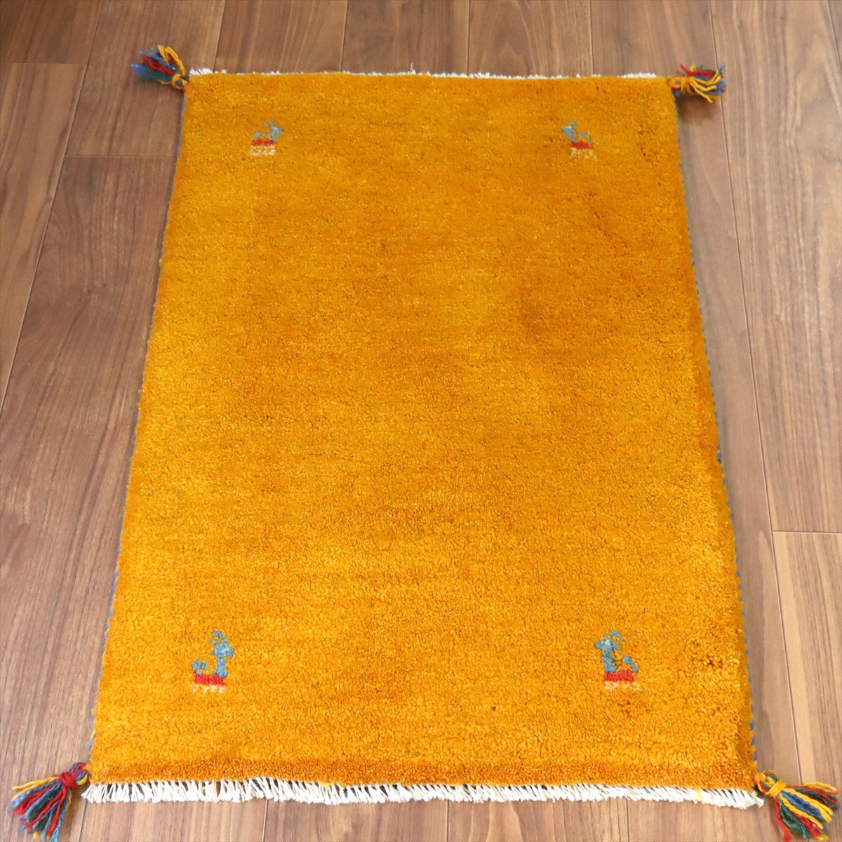 【15%OFF】ギャッベ イラン産手織り 87×58cm 玄関マット イエローオレンジ 動物モチーフ