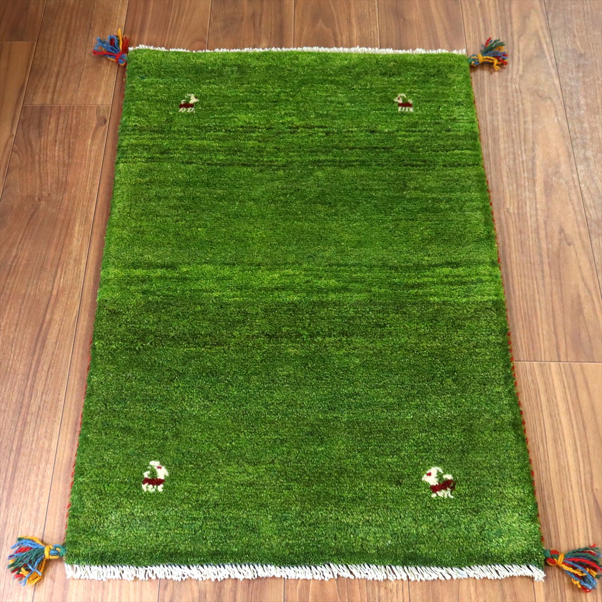 【15%OFF】ギャッベ イラン産手織り 88×60cm 玄関マット グリーン 動物モチーフ