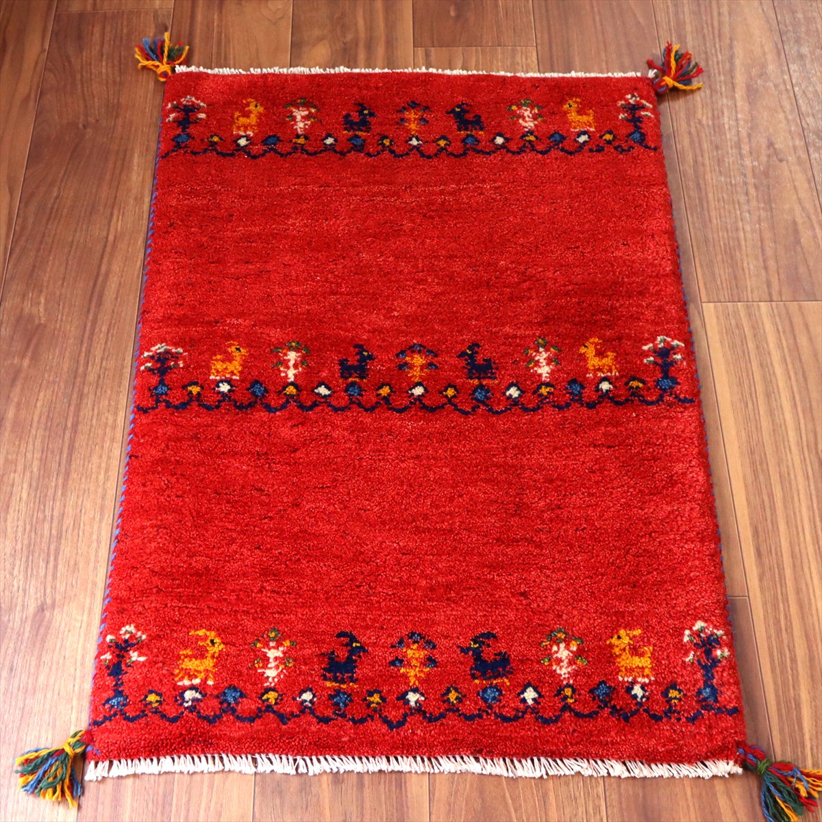 【15%OFF】ギャッベ イラン産手織り 83×60cm 玄関マット レッド カラフルな動物と生命の樹