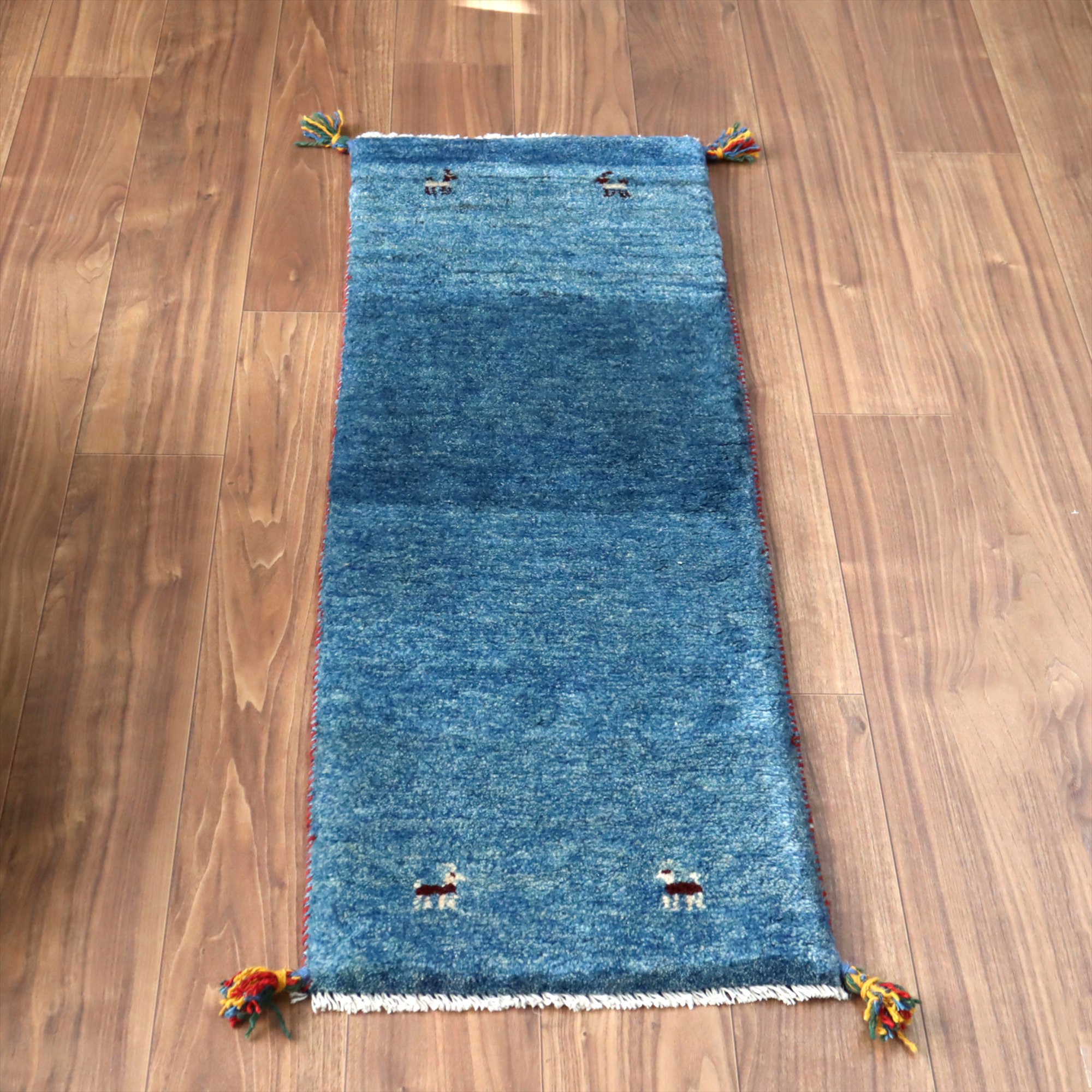 ギャッベ イラン 手織り　ミニランナー 120x42cm ブルー 自然な色ムラ シンプル　無地