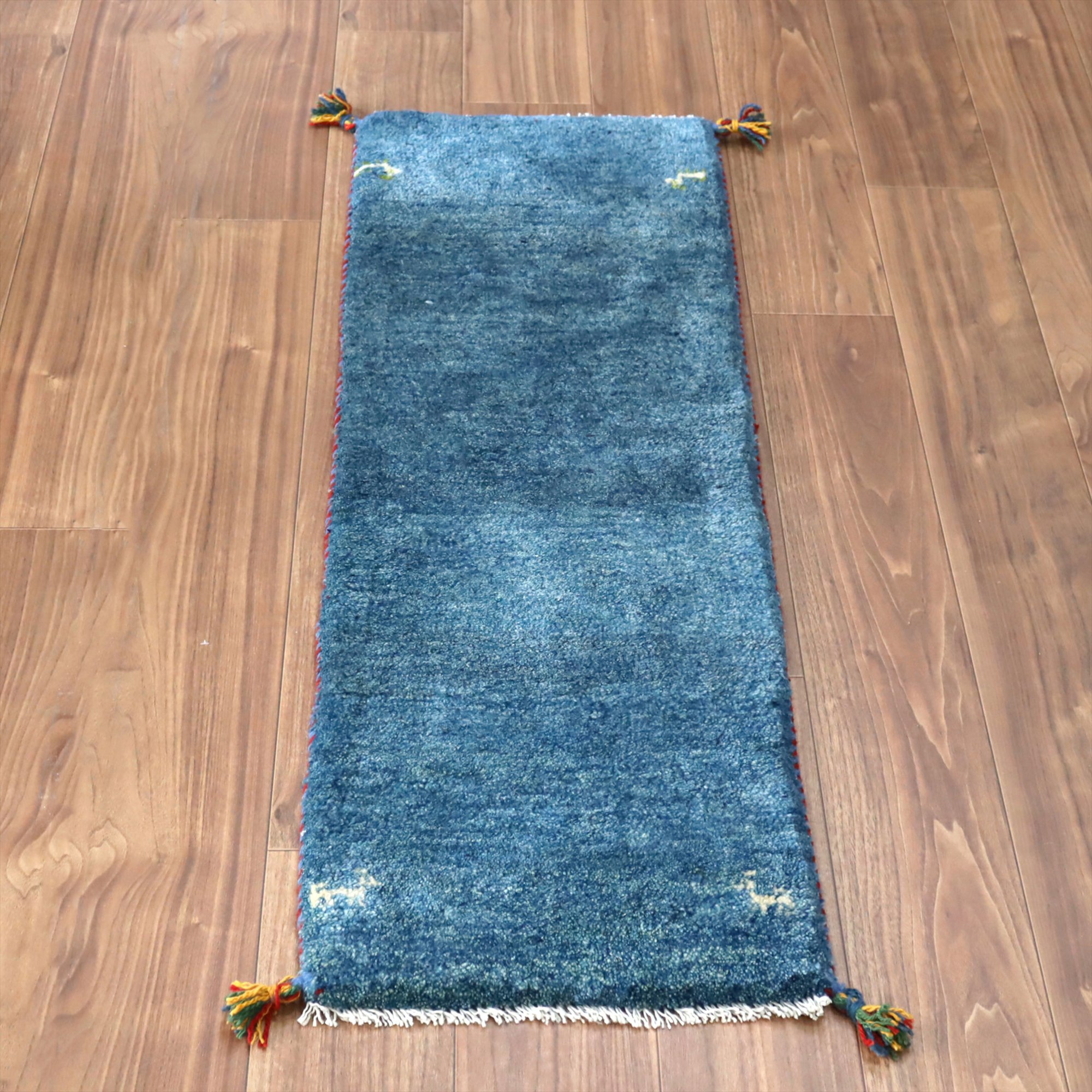 ギャッベ イラン 手織り　ミニランナー 120x42cm ブルー 自然な色ムラ シンプル　無地