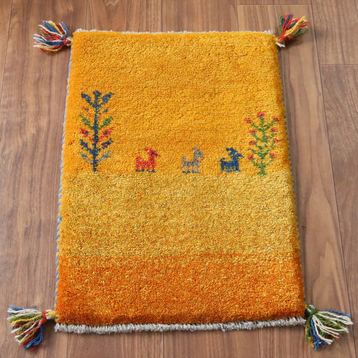 ギャッベ ミニギャベ イラン手織り 59×41cm イエローオレンジ 動物と生命の樹