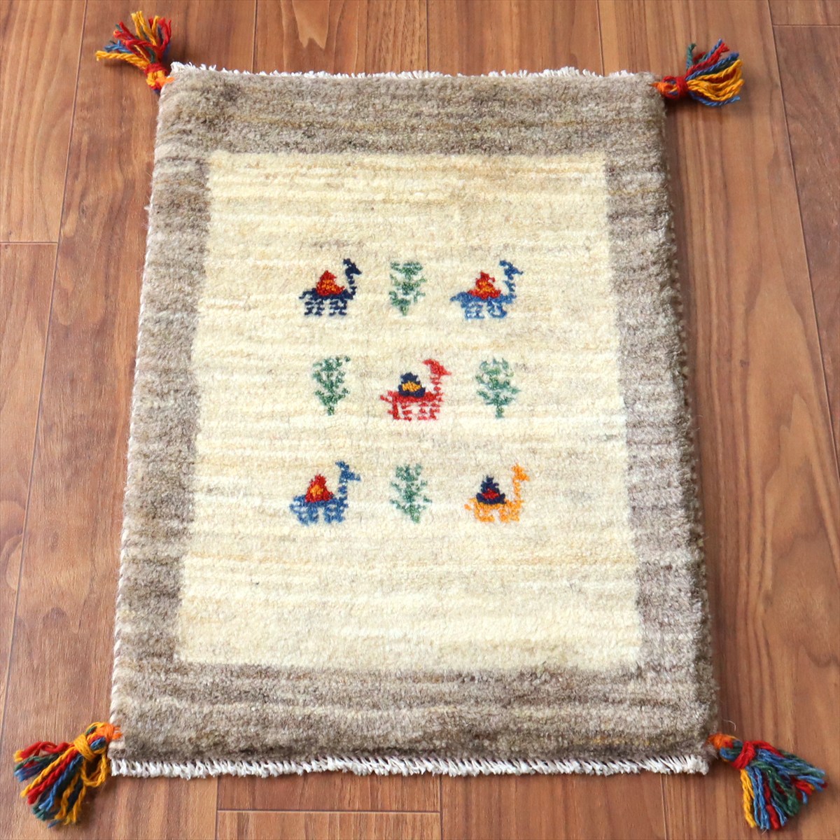 ギャッベ ミニギャベ イラン手織り 59×42cm ナチュラルアイボリー ラクダと生命の樹