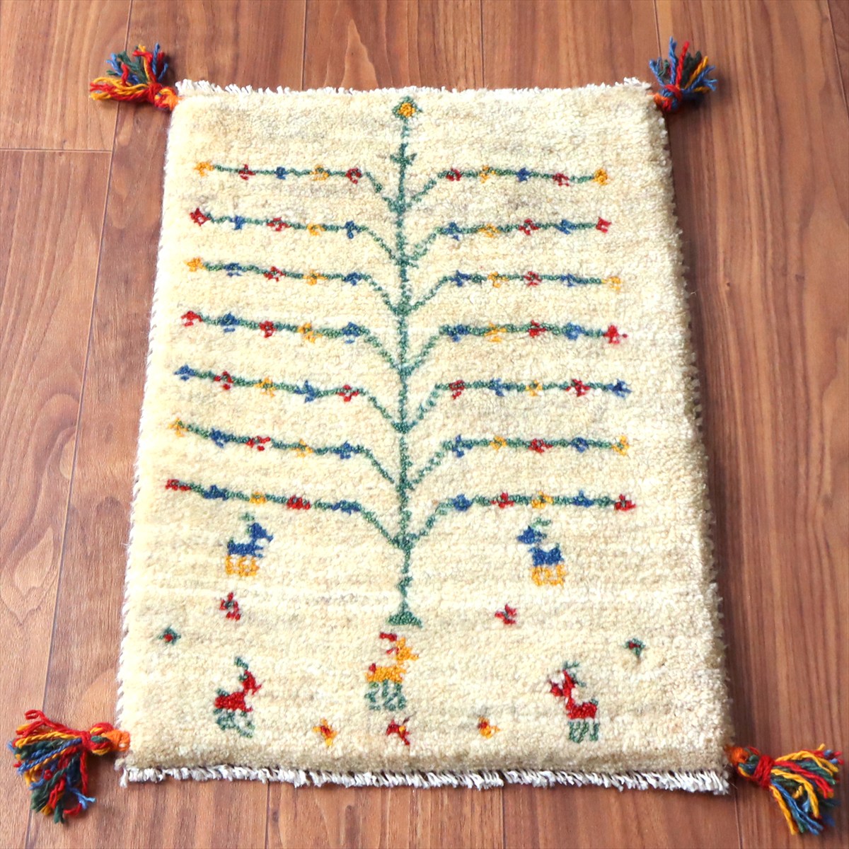 ギャッベ ミニギャベ イラン手織り 57×41cm ナチュラルアイボリー カラフルな生命の樹と動物