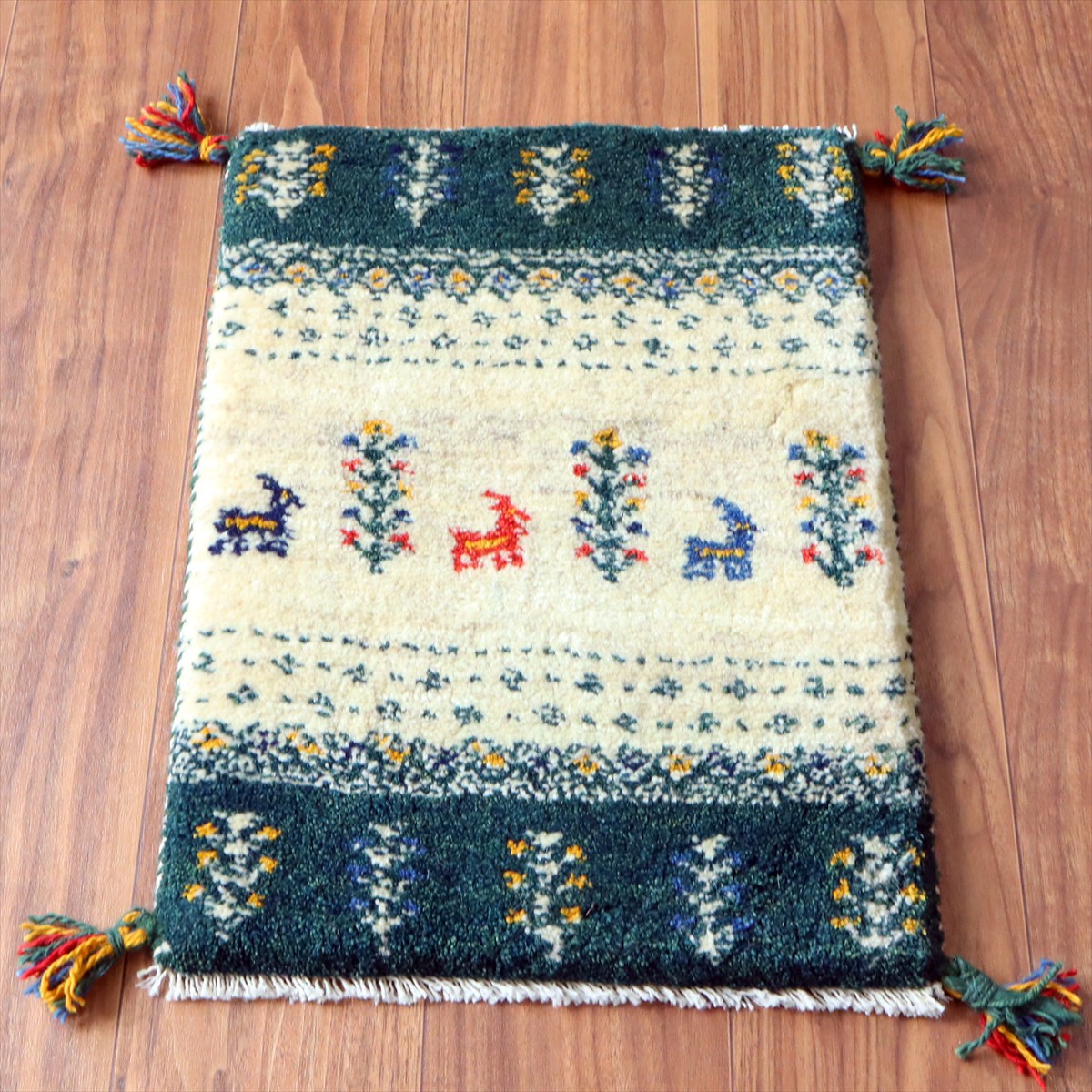 ギャッベ ミニギャベ イラン手織り 56×40cm ナチュラルアイボリー＆グリーン 生命の樹と動物