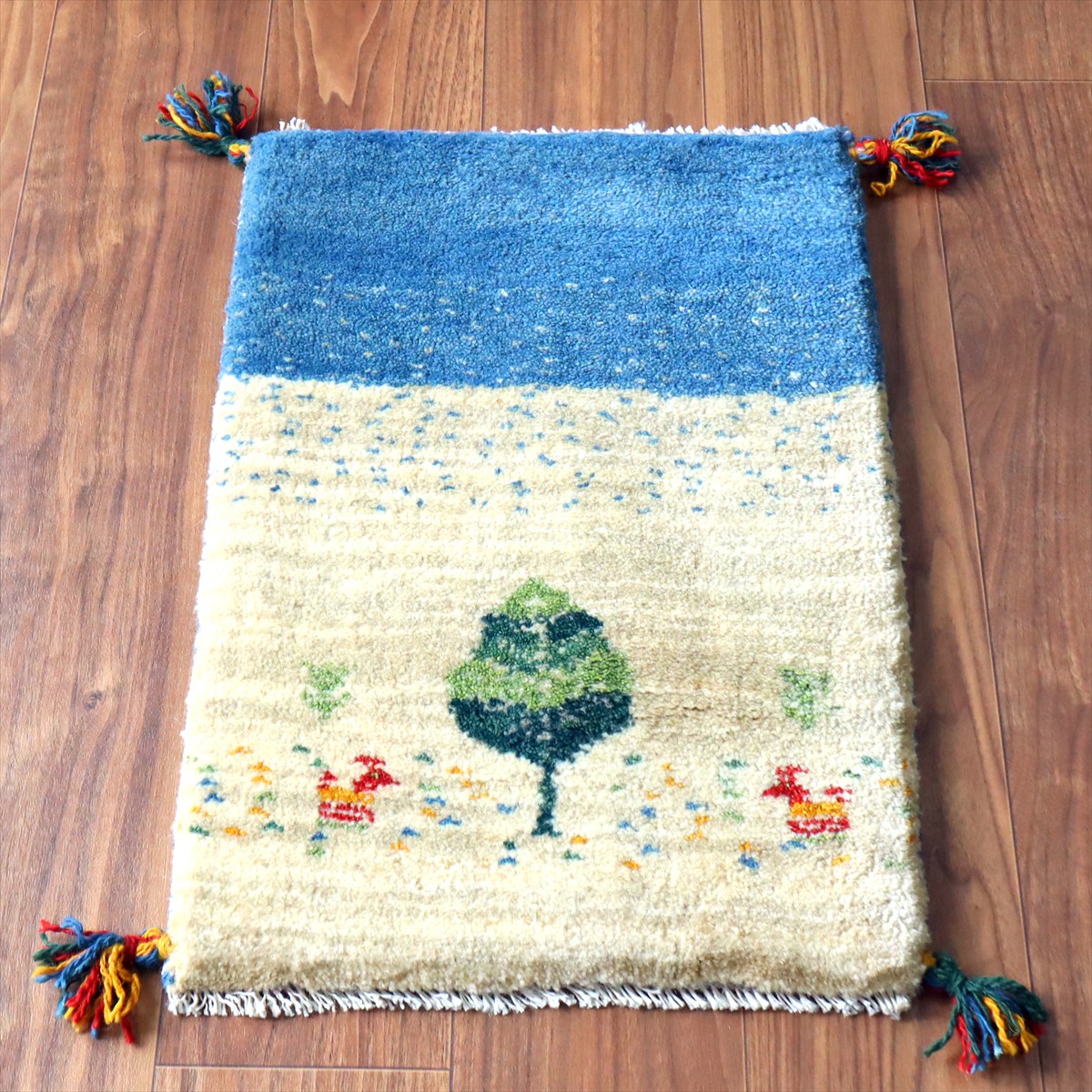 ギャッベ ミニギャベ イラン手織り 59×41cm ナチュラルアイボリー 糸杉と動物