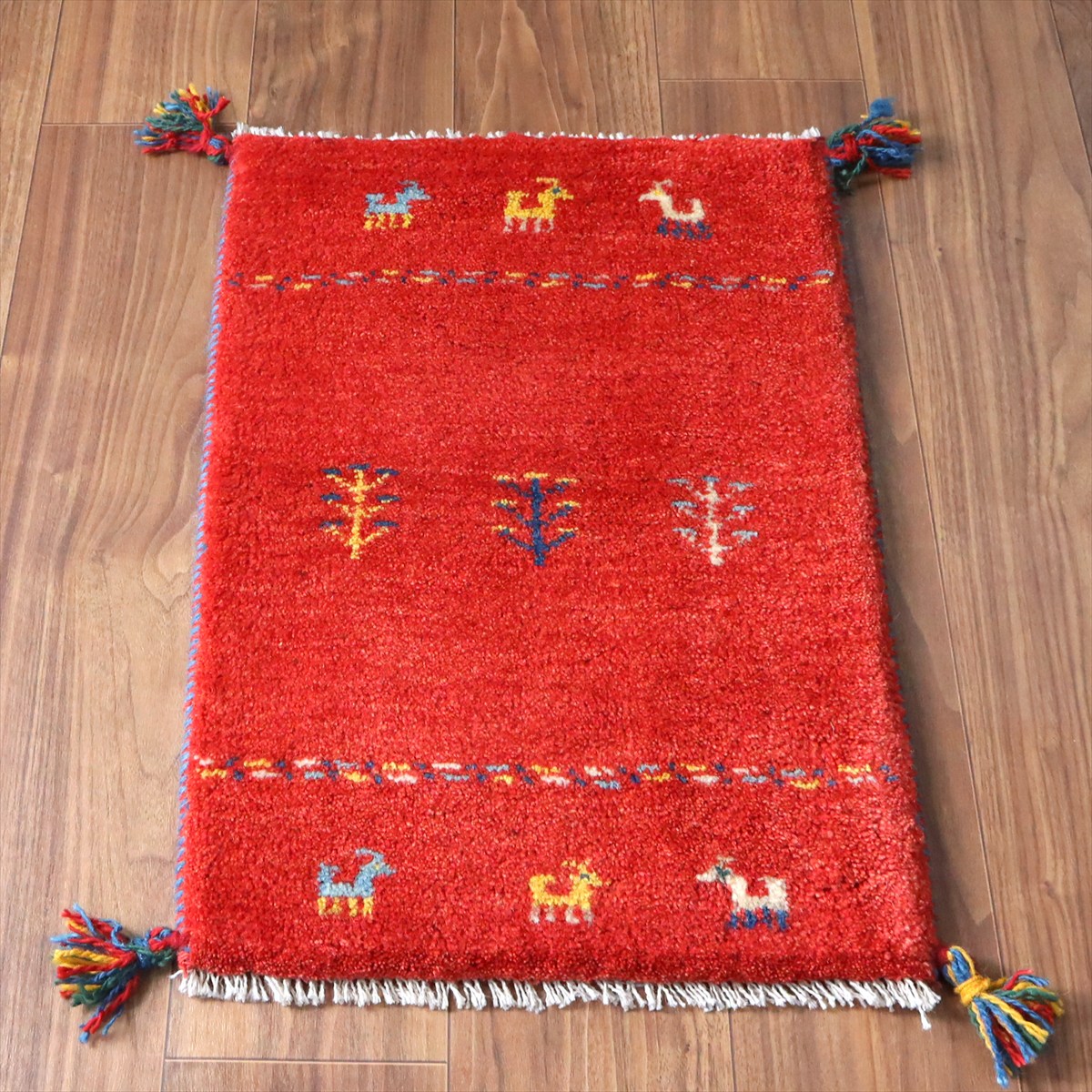 ギャッベ ミニギャベ イラン手織り 63×43cm レッド 生命の樹と動物