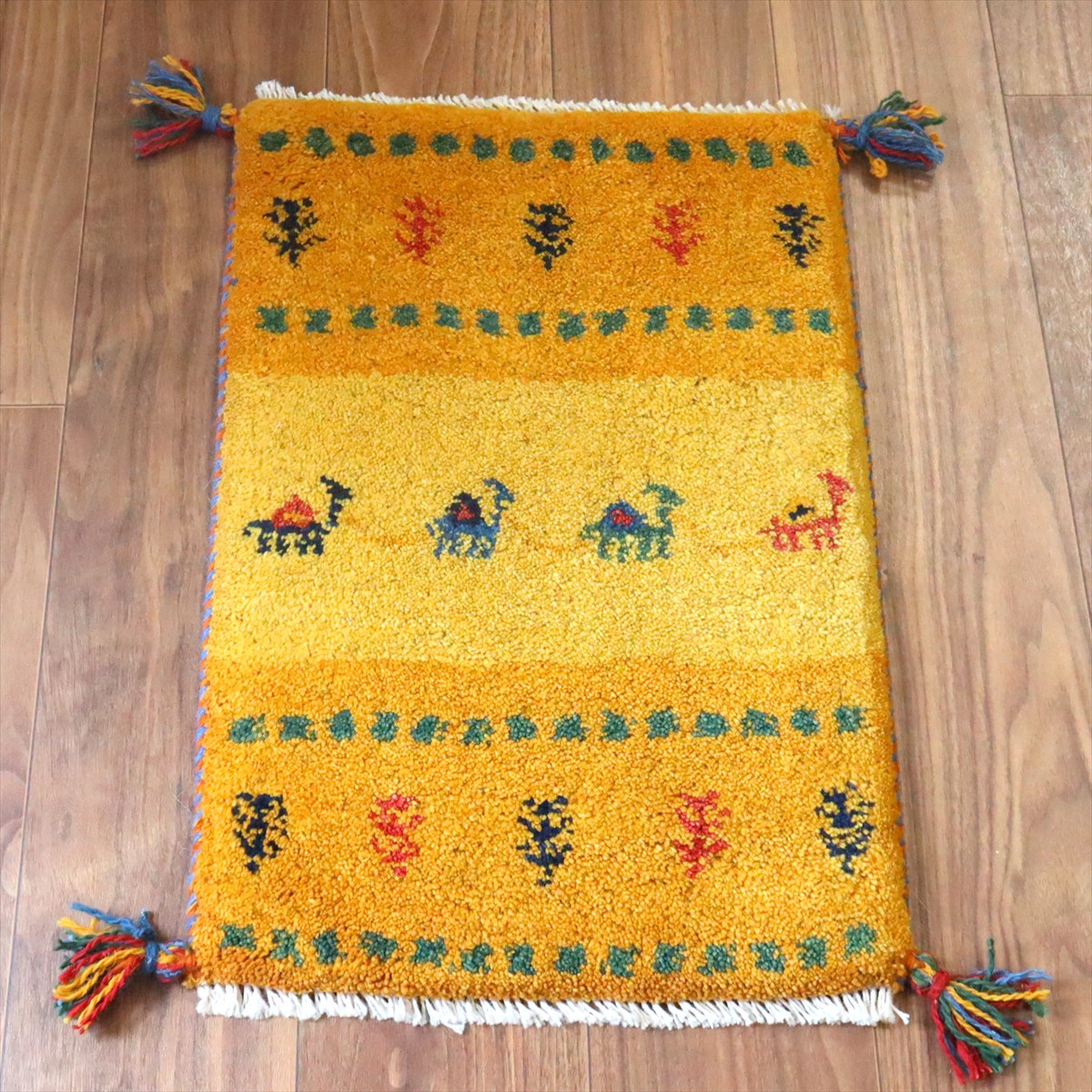 ギャッベ ミニギャベ イラン手織り 58×40cm イエローオレンジ ラクダのキャラバンと生命の樹