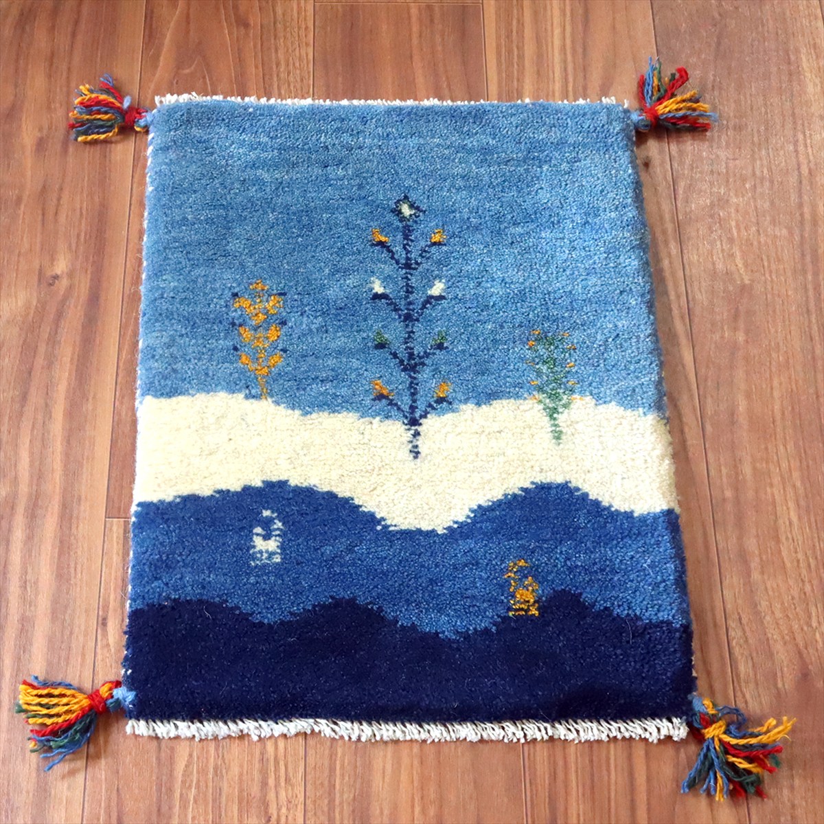 ギャッベ ミニギャベ イラン手織り 54×41cm ブルー 生命の樹と動物