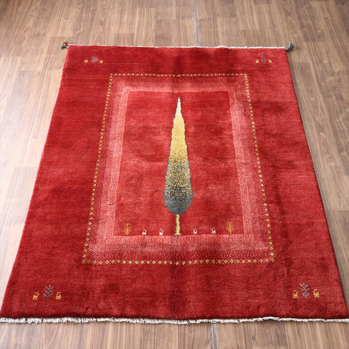 ギャッベ Gabbeh レッド198×155cm イラン産 糸杉と動物と生命の樹