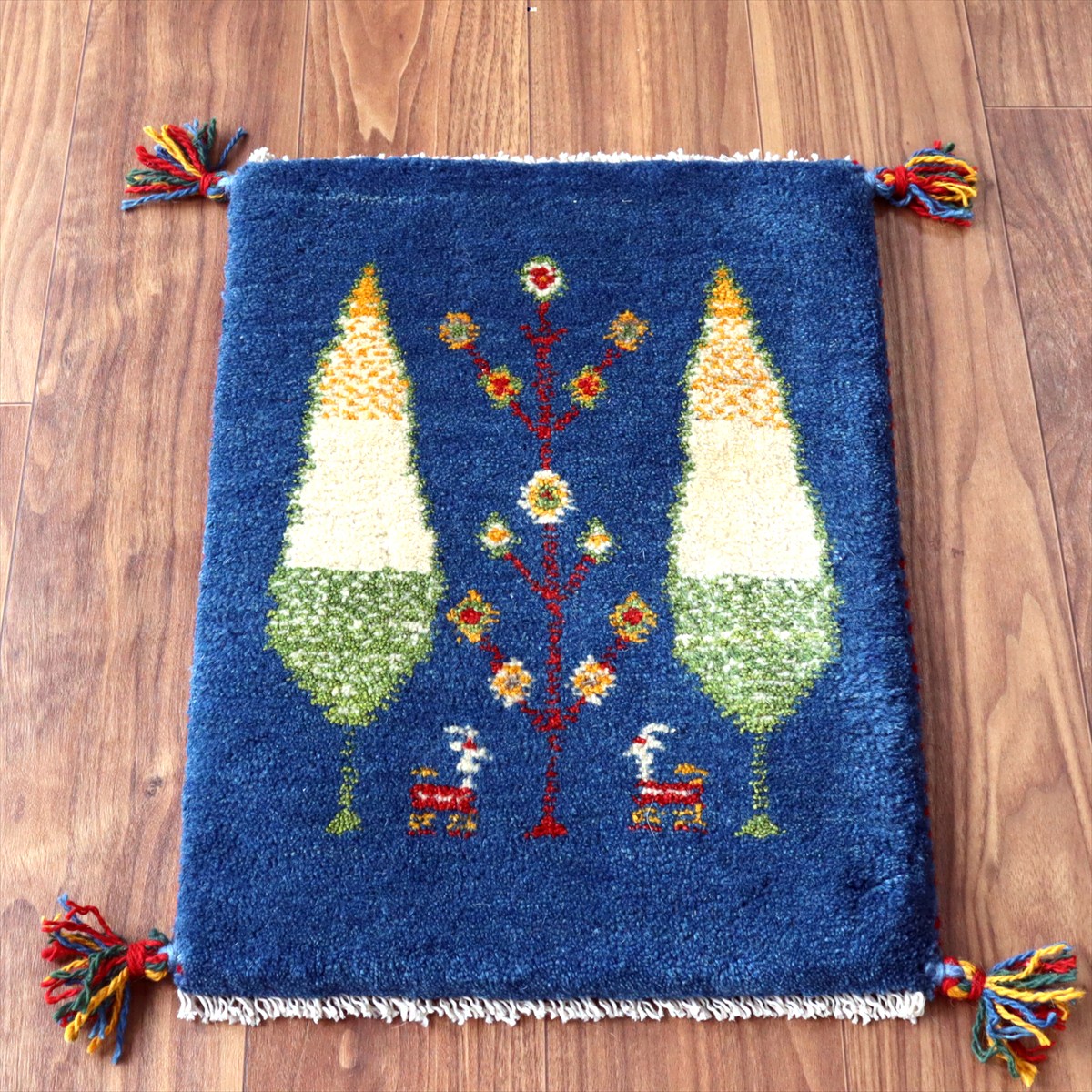 ギャッベ ミニギャベ イラン産 55×40cm ブルー 糸杉と動物