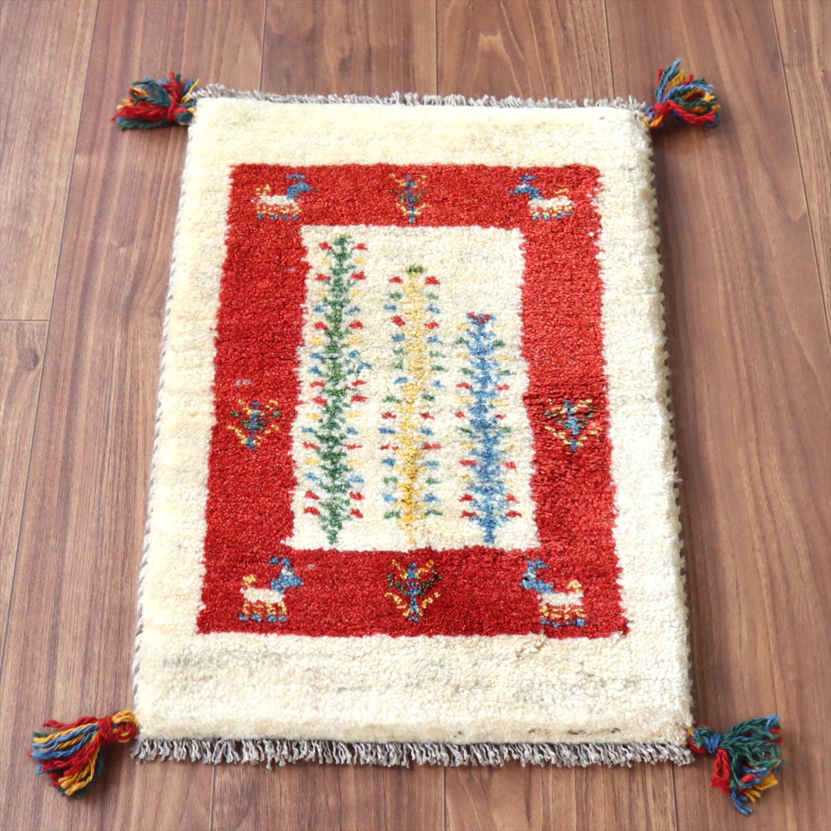 ギャッベ ミニギャベ イラン産 56×38cm ナチュラルアイボリー＆レッド 連なる生命の樹と動物