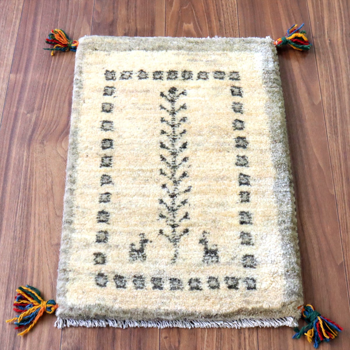 ギャッベ ミニギャベ イラン産 59×40cm ナチュラルアイボリー 連なる生命の樹と動物